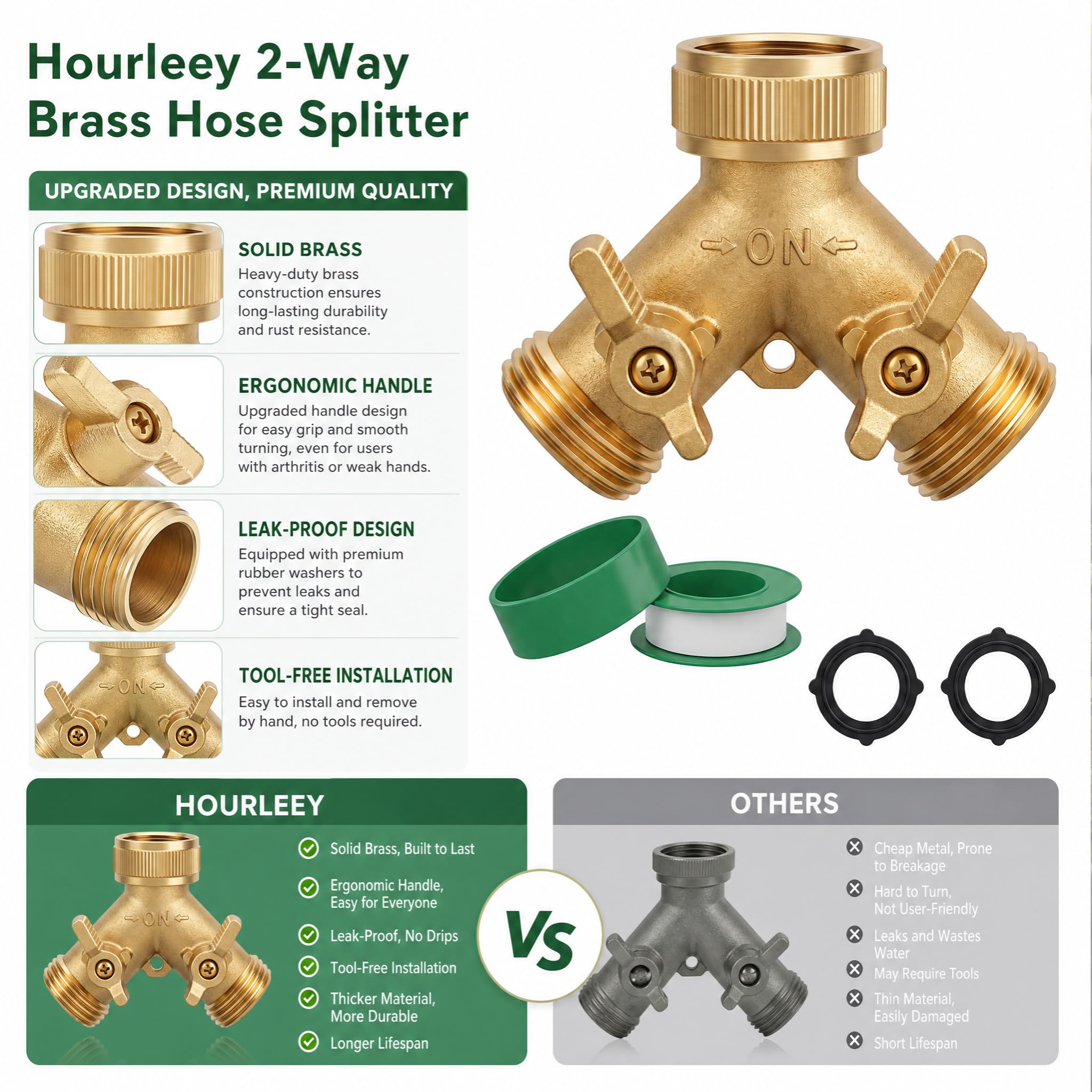 Brass Garden Hose Splitter - 2 Way with Valves -3 Brass Garden Hose Splitter - 2 Way with Valves -3