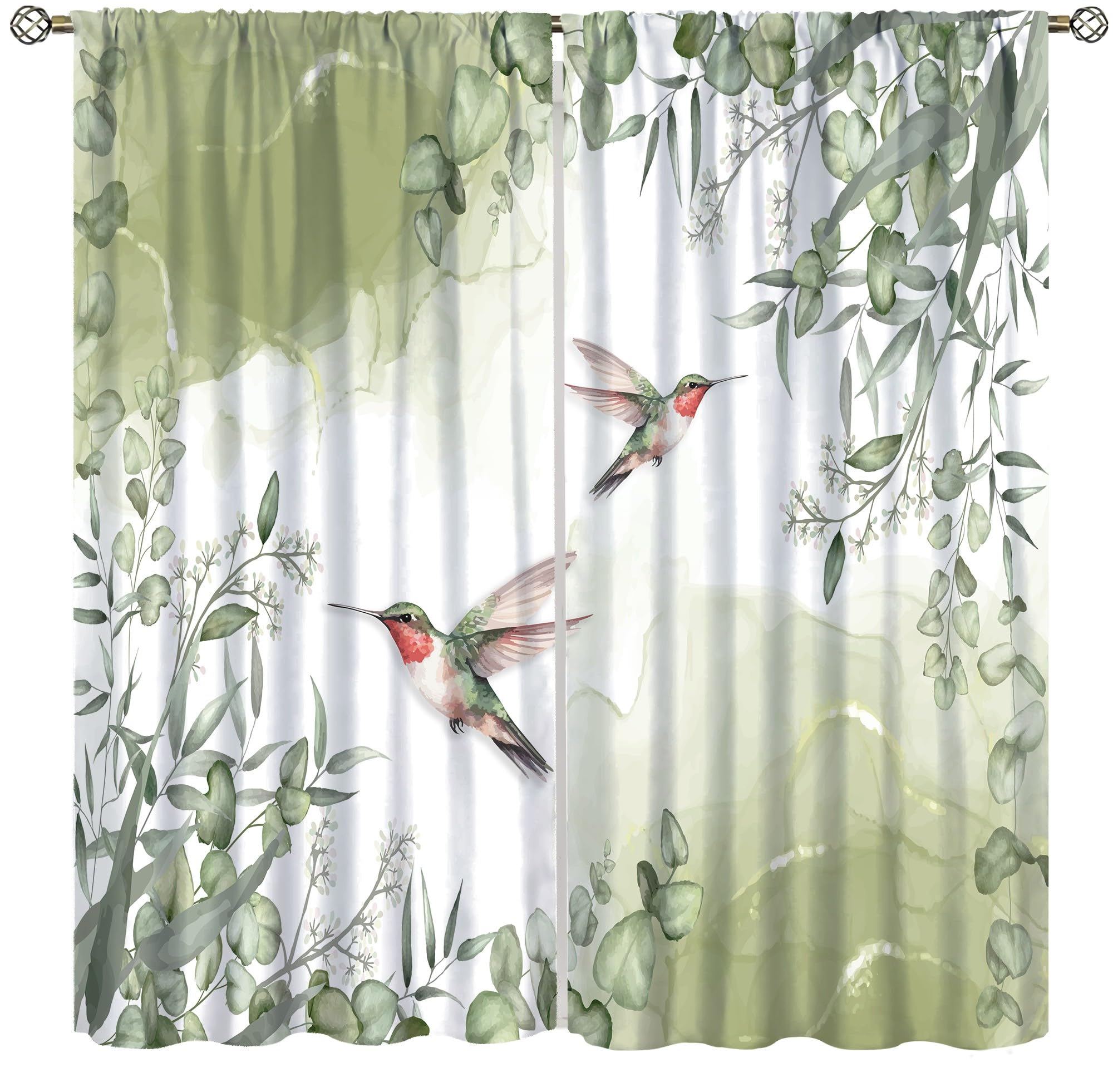 wlsgdsg Plant Bird Blackout Curtains for Kitchen,Green Nature Watercolour Forest Plant Abstract Leaf Hummingbird Flying Animal Window Drapes Print for