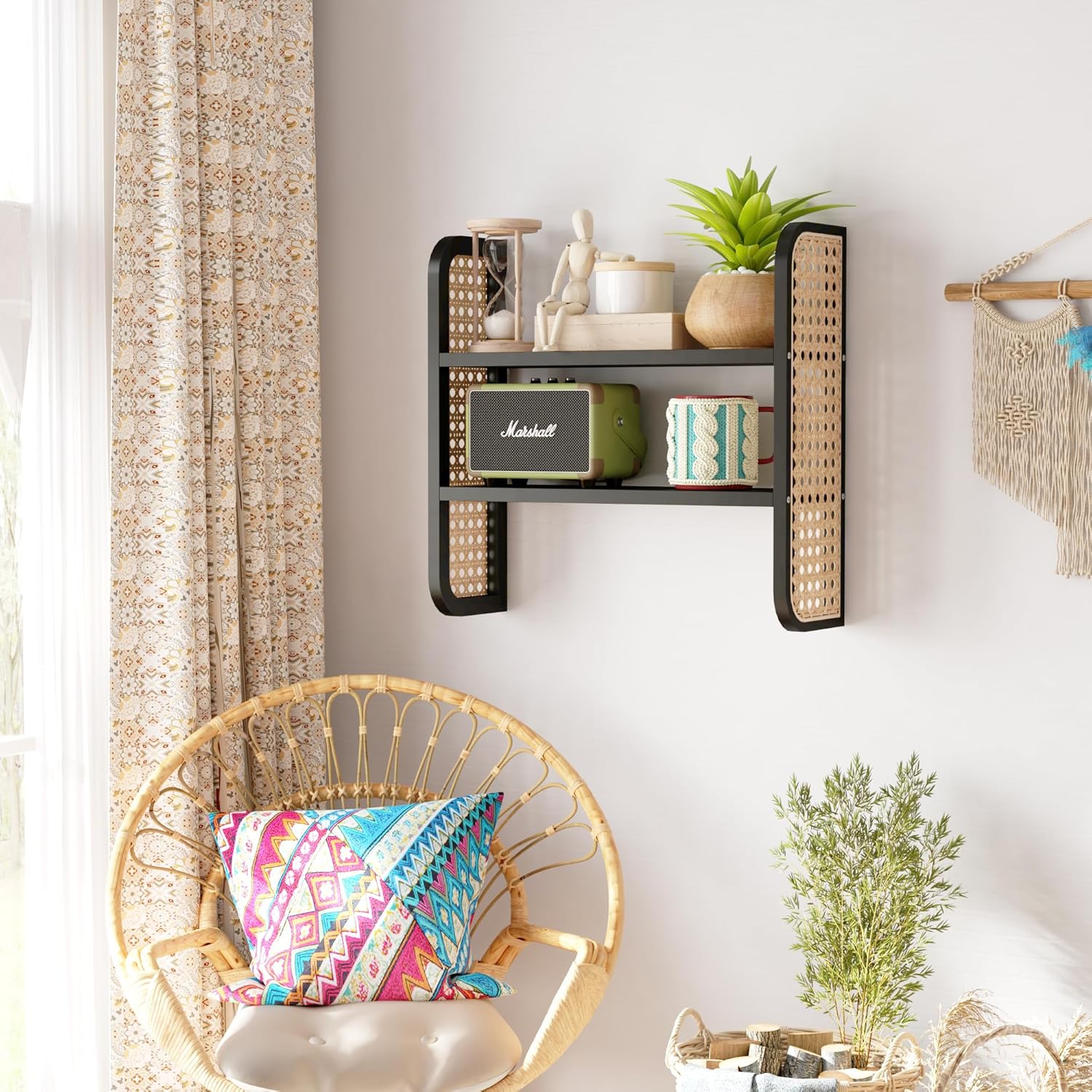 2-Tier Rattan Shelf, Black Rattan Bookshelf Wall Mounted, Handmade Woven Display Shelf, Decorative Boho Shelves for Entryway, Nursery, Kitchen, Bathroom, Living Room