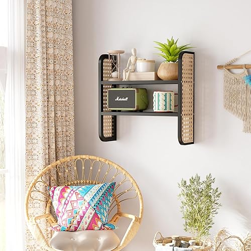 Miniatura 6 de Estante flotante de madera de ratán con toallero, estante colgante de mimbre de 17 pulgadas de largo con barandillas, estantes para libros de