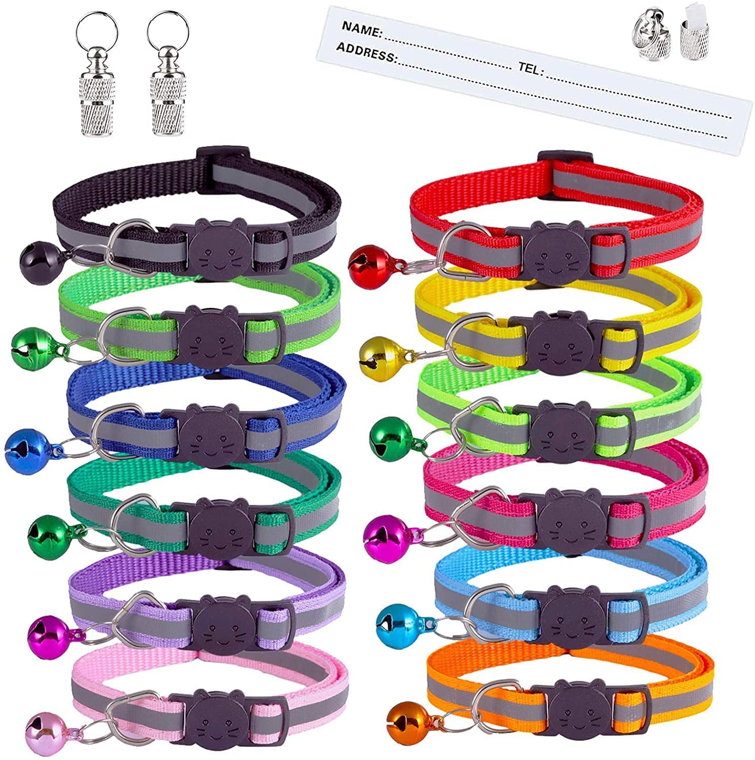 Beauenty Reflective Cat Collars with Bells and Safety Quick Release Buckle, Nylon Cat Collar Cat Collars / 12 Pcs Multi-colored Adjustable 19-32cm, Easy to Put On and 2 Pcs Pet ID Tag Boxes (C)