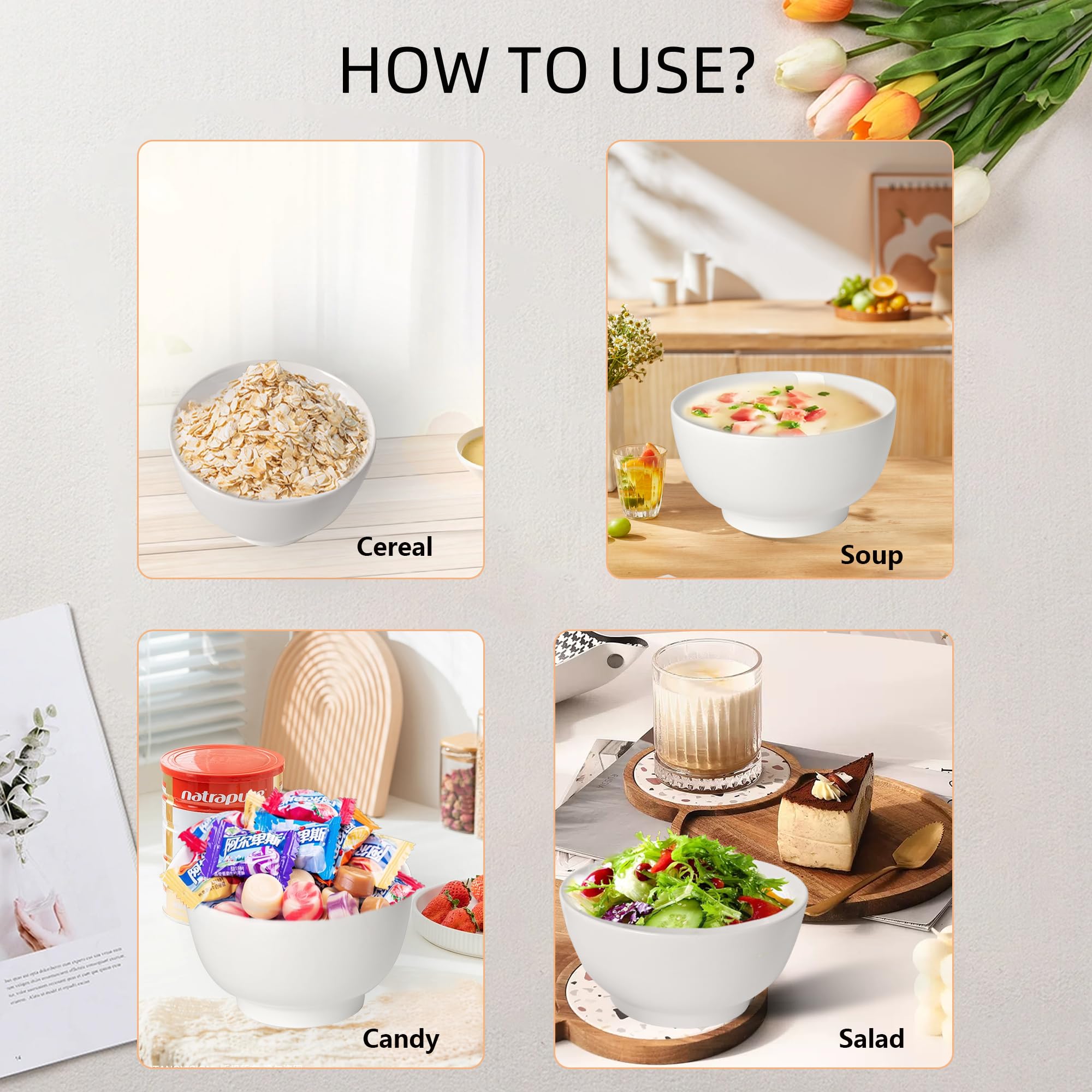 Lot de 4 bols à céréales en céramique - 1400 ml - Grands bols à soupe - Pour salade, ramen, riz, pho, nouilles, fruits, etc. - Passe au micro-ondes - Blanc - Diamètre : 18 cm
