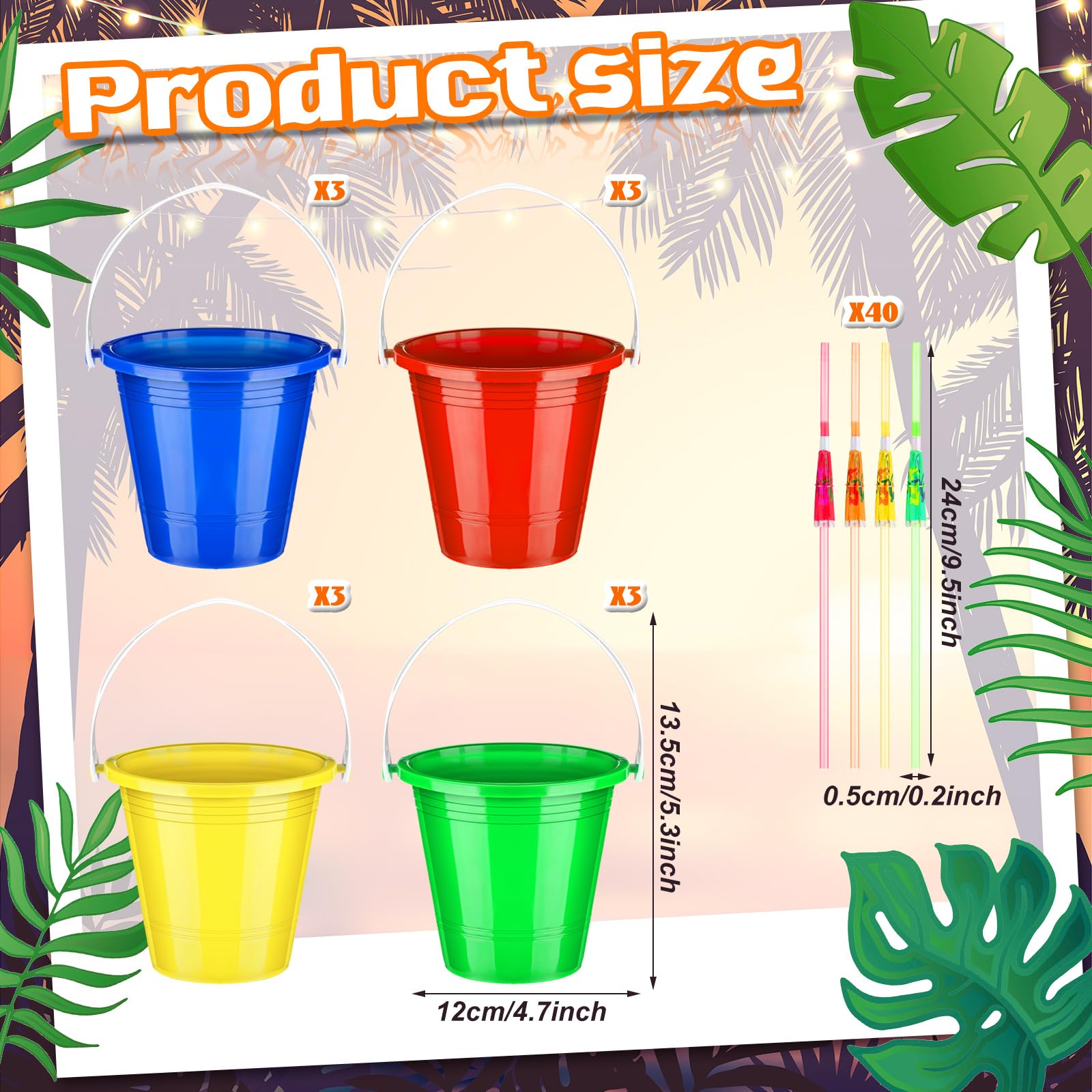 Meekoo 12 Pcs Plastic Rum Buckets for Drinks with 40 Colorful Straws Portable Cocktail Buckets Ice Cream Box with Handles Reusable Smoothie Box for Summer Bar Kitchen Multifunctional Punch Bowl