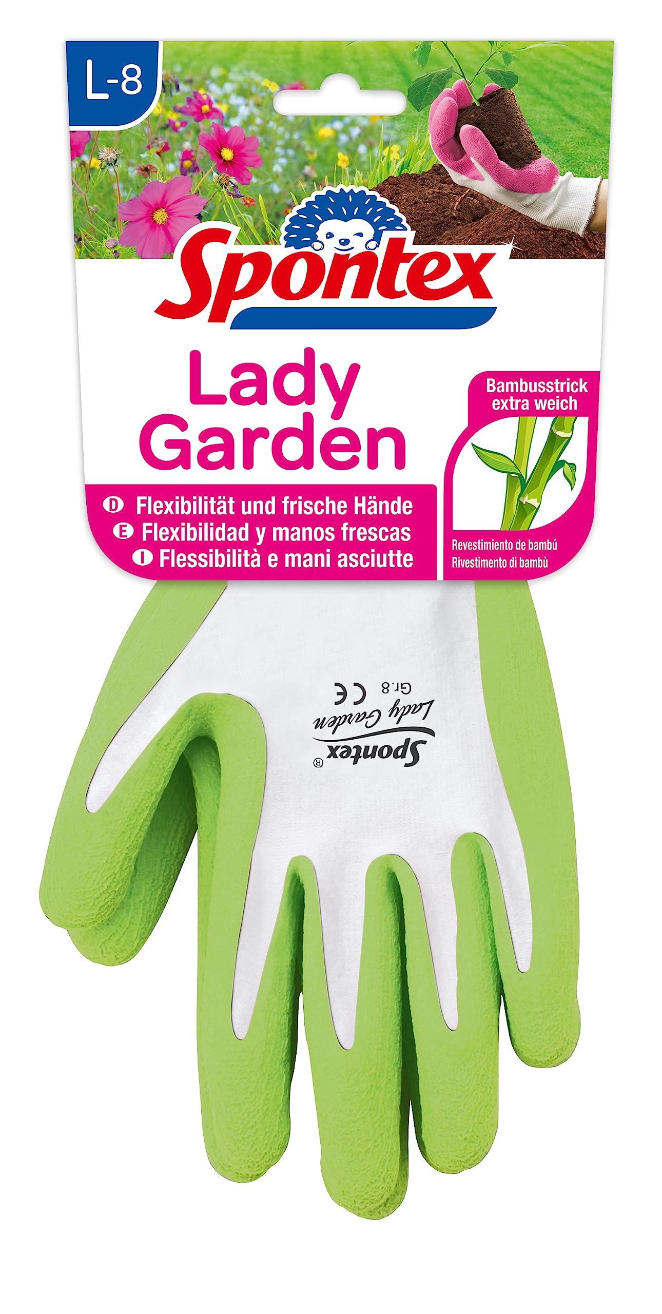 Spontex Lady Garden Handschuhe, Gartenhandschuhe für Damen, weicher Strick aus Bambus-Viskosefasern, mit Latexbeschäumung, Größe L, Farbe nicht frei