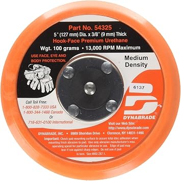 Dynabrade 54325 5" 127 mm Diameter Hook-Face Non-Vacuum Sanding Disc Pad, Short Nap, Teal | 3/8" 10 mm Thick Urethane Medium Density, Swirl-Free Finish, 5/16"-24 Male Thread