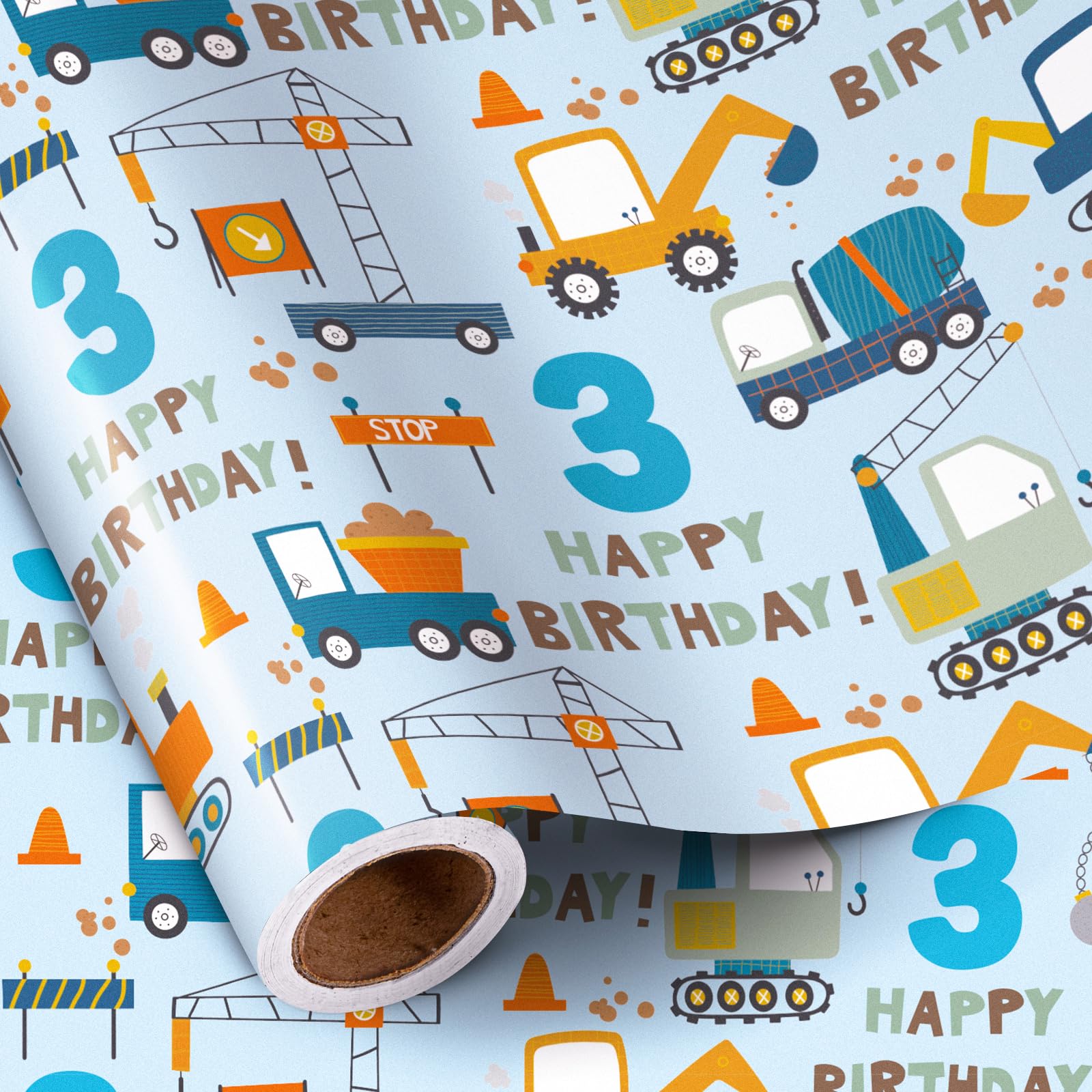 RUSPEPA 3rd Birthday Wrapping Paper for Boy - Mini Roll - Blue Cartoon Cars Trucks and "Happy Birthday" Text Pattern- 43.2cm x 5m - 3 Years Old