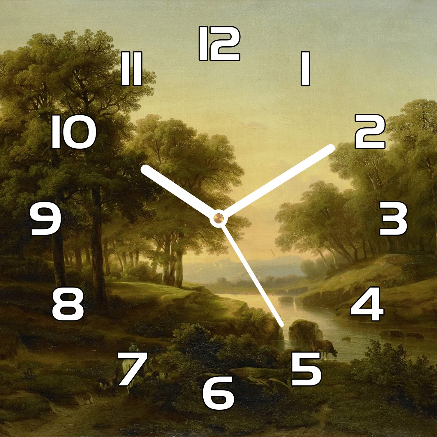 Horloge en verre moderne murale 30x30 cm impression paysage rivière sunset