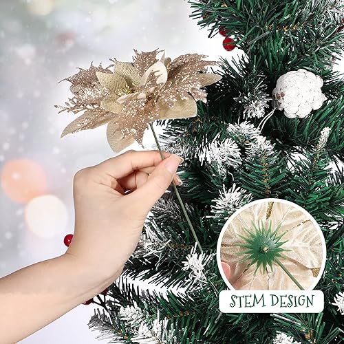 Miniatura 6 de Toyvian Flores de Pascua artificiales con purpurina navideña, 12 adornos de flores para árbol de Navidad, decoración de fiesta de Navidad con 12
