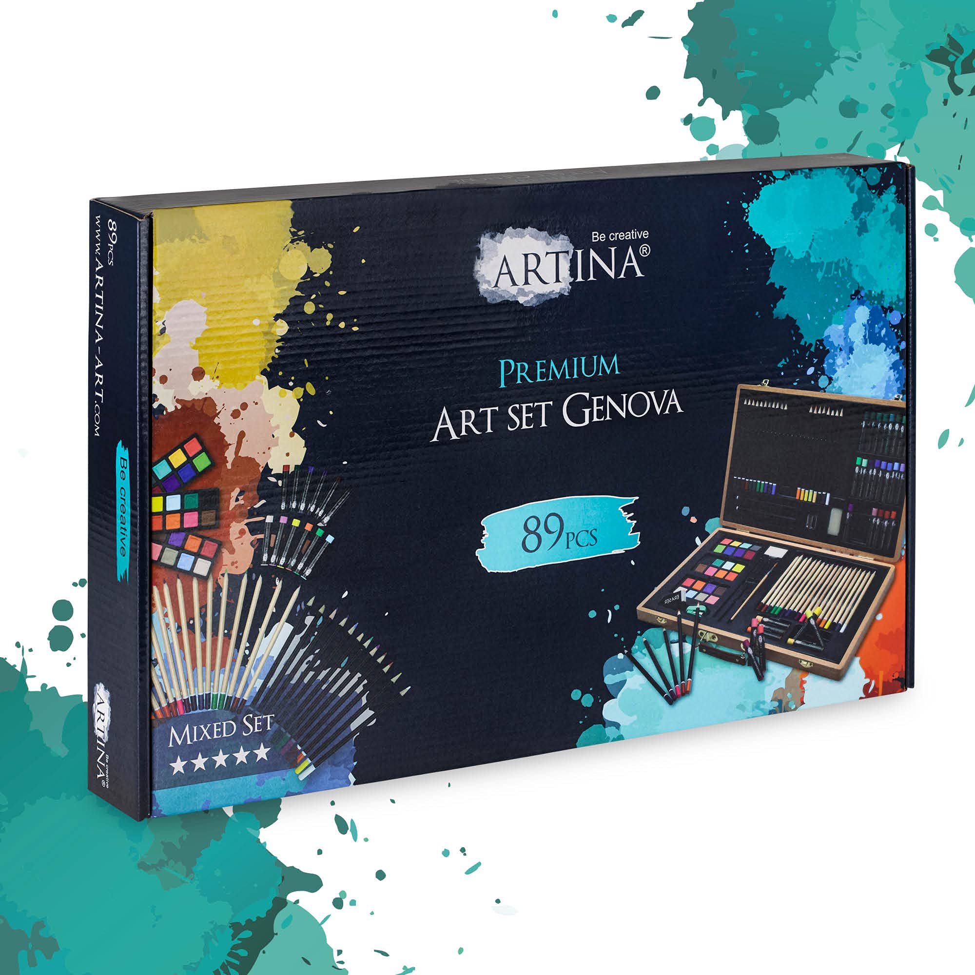 Artina set de peinture XXL 89 pièces avec coffret en bois dessin crayons | kit acrylique aquarelle crayons craies pinceaux enfant cadeau Noël mallette artiste couleur Débutant Genova