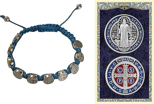 Miniatura 2 de Holy Lines Pulsera de nailon de 10 medallas de San Benito y tarjeta santa turquesa 10 medallas de San Benito pulsera de protección de cordón