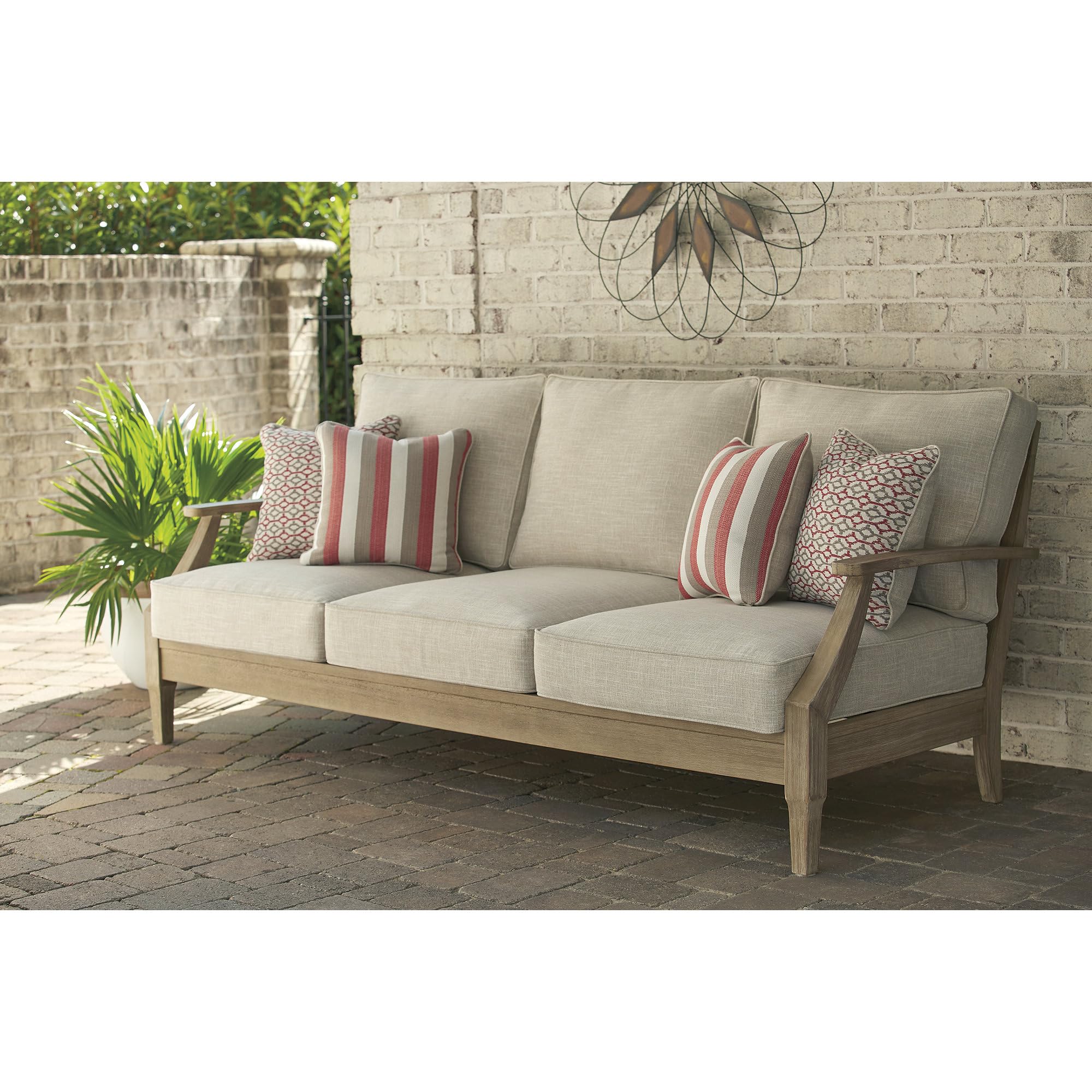 Signature Design by Ashley Clare View Outdoor Patio Sofa, 4 Throw Pillows, Nuvella Weather Resistant Fabric, Eucalyptus Wood, 81" W x 35" D x 32" H, Beige