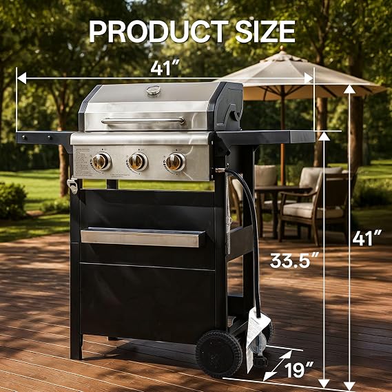 Endark 3-Burner Propane Gas Grill,Heavy Duty Freestanding Outdoor BBQ Barbecue Stainless Steel Lid,Large Cooking Area,Side Shelves & Storage Cabinet,Portable Patio Backyard Camping