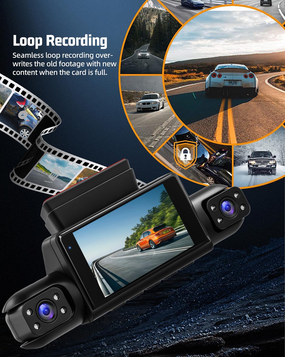 NHOPEEW Dash Cam a 4 canali anteriore e posteriore - Telecamera per auto a 360 gradi con display da 3 pollici, visione notturna IR, registrazione in loop, rilevamento del movimento + scheda TF da 64G
