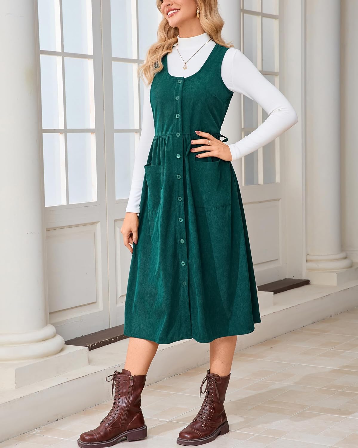 Women's Corduroy Overall Floral Midi Dress Sleeveless Button Front Fall Winter Casual Jumper Tank Dress - Image 2
