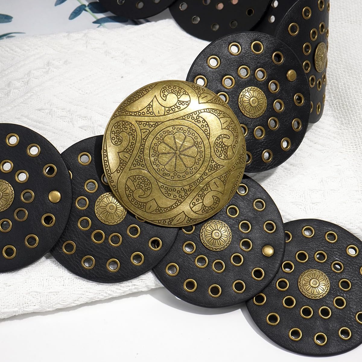 Wide Disc Belt for Women Vintage Hollow Boho Leather Belt Western Chunky Waist Belt Cowboy Metal Buckle Concho Belts - Image 5