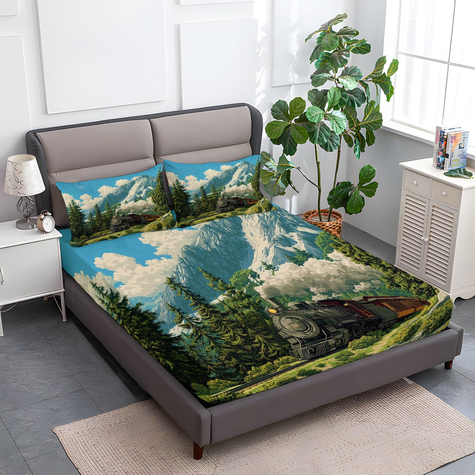 200 x 200 cm Drap Housse Microfibre, Montagnes Trains Forêts Imprimé Parure De Lit Doux Élastique Drap Housse 30 cm Profonde pour Matelas Epais - sans Plis - Convient à Toutes Les Saisons, Bleu Vert