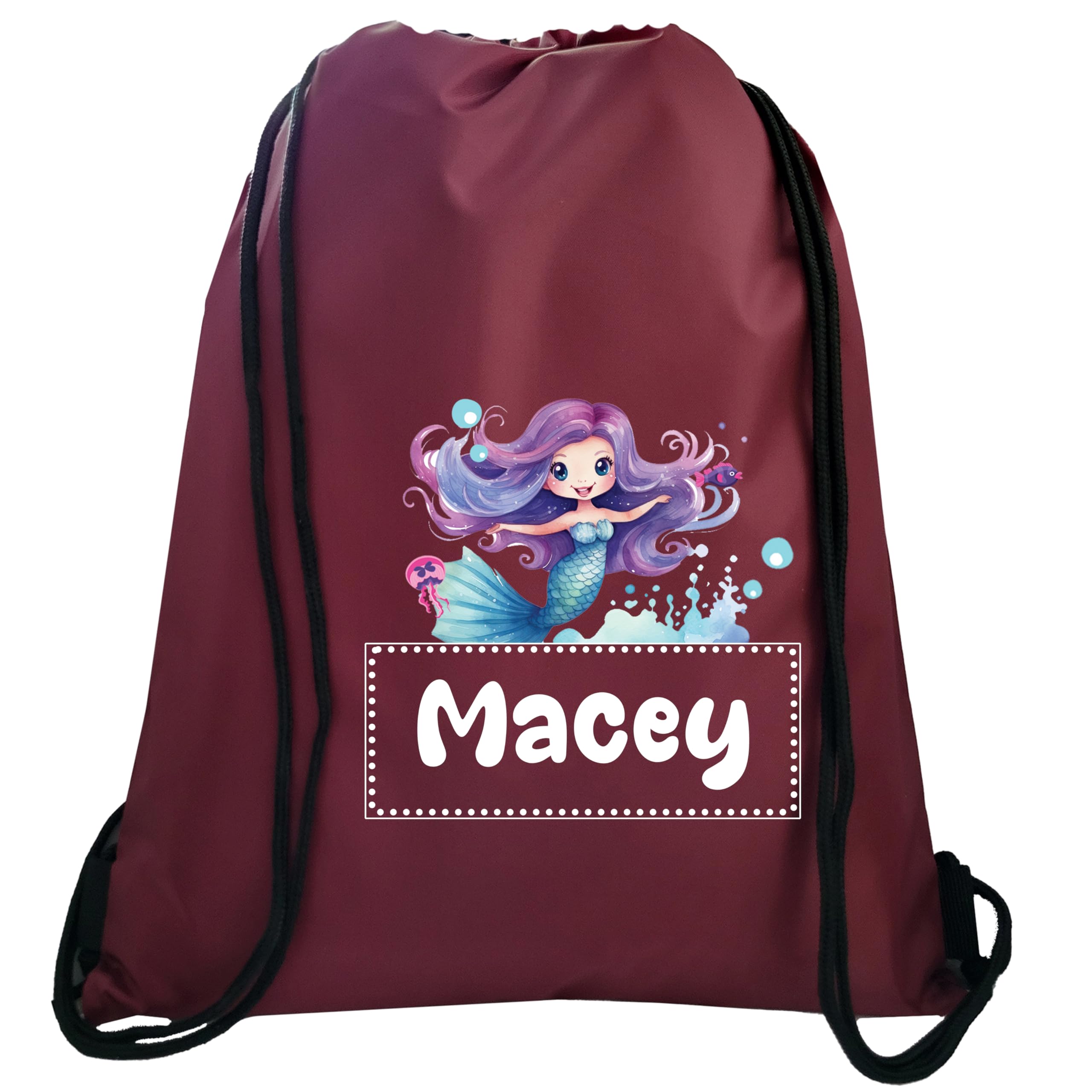 JJLC Personalised Girls Drawstring Bag in 2 designs and 8 Colours Back to school and swimming (Burgundy Drawstring)