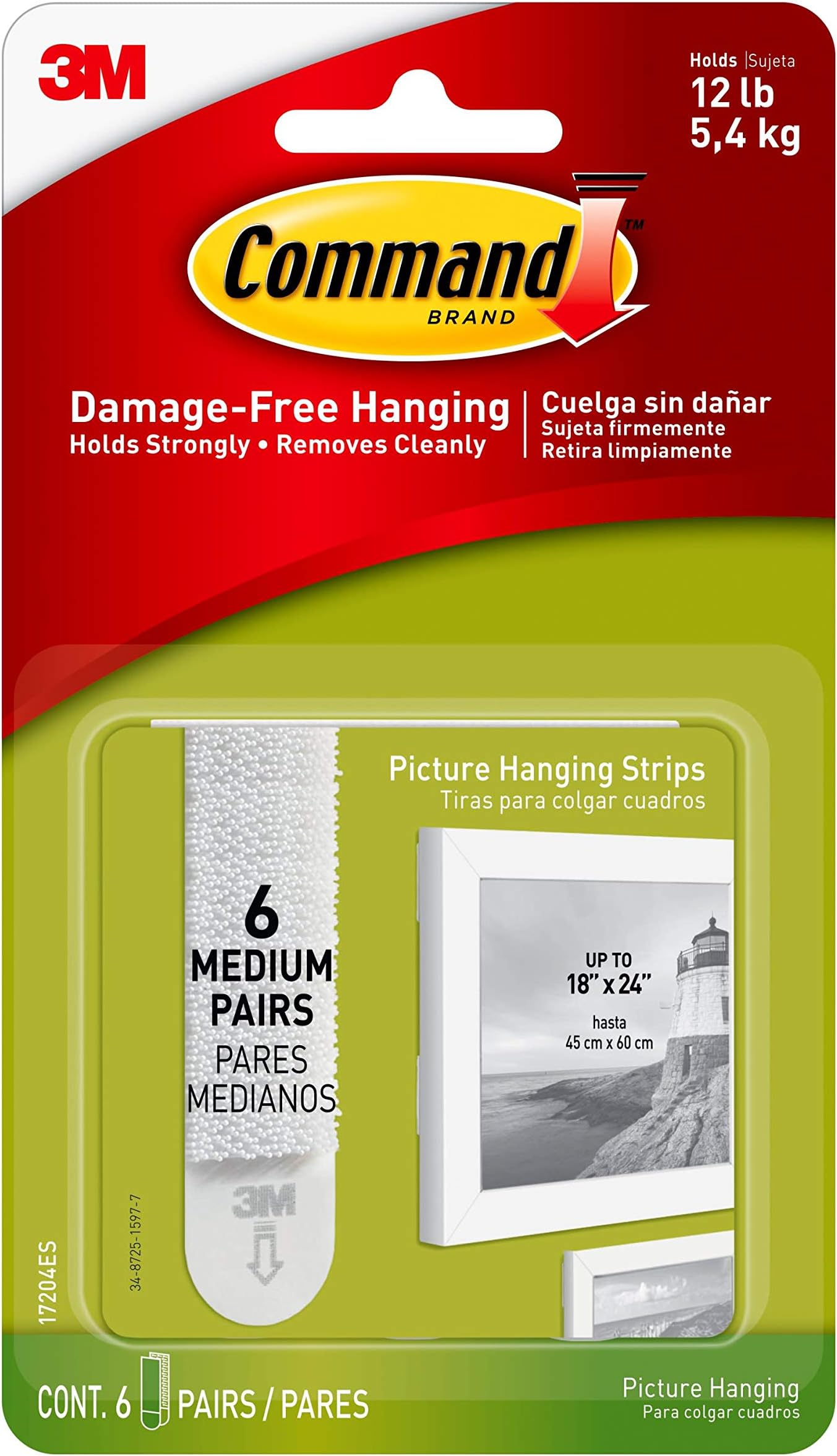 Medium Picture Hanging Strips, Damage Free Hanging Picture Hangers, No Tools Wall Hanging Strips for Living Spaces, 6 White Adhesive Strip Pairs
