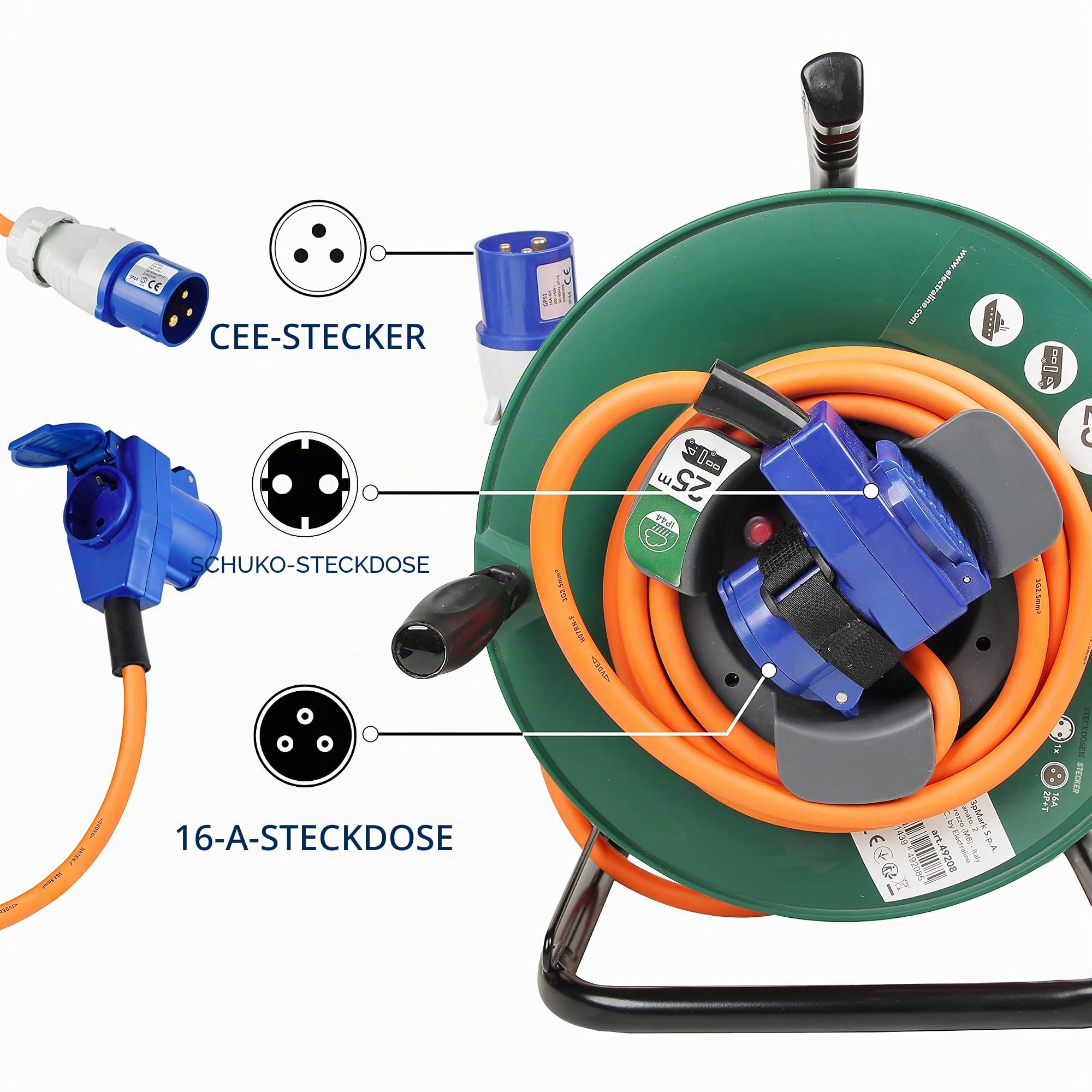 Electraline 49208 Kabeltrommel Industriel Camping H07RN-F 3G2.5 25M Kabel - IP44 outdoor/Kabelrolle mit Gummiverlängerung, mit 2 Steckdosen (Schuko + Industriel CEE), Grun
