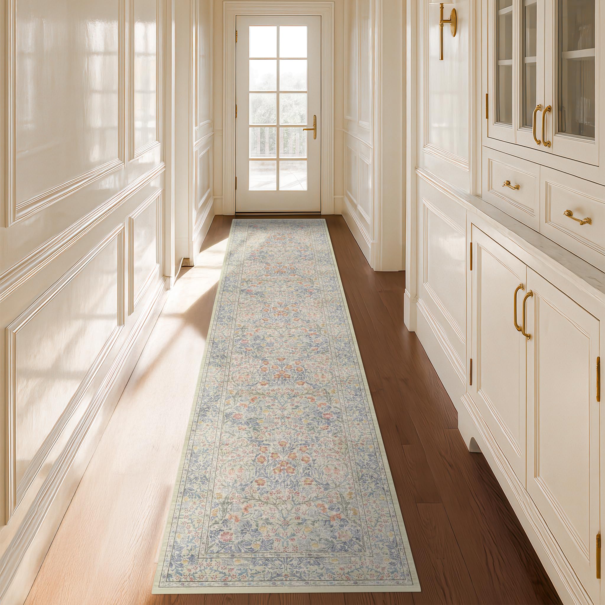 Hazo Haus Washable Beige Blue 2x10 Runner Rug for Hallway Kitchen Mudroom, Non-Slip Stain Resistant Extra Long Floor Mat 10 ft - Vintage Floral