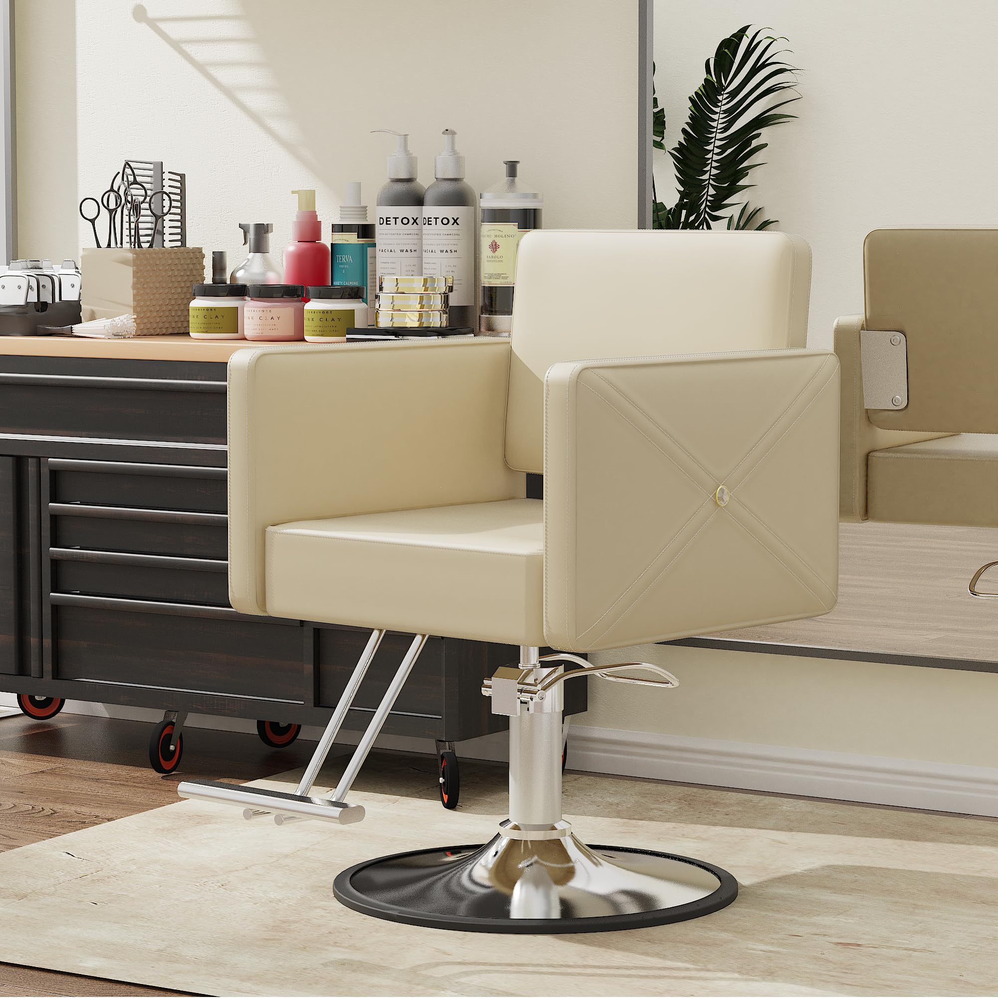 Quadratischer Friseurstuhl 360 Grad drehbar Beige