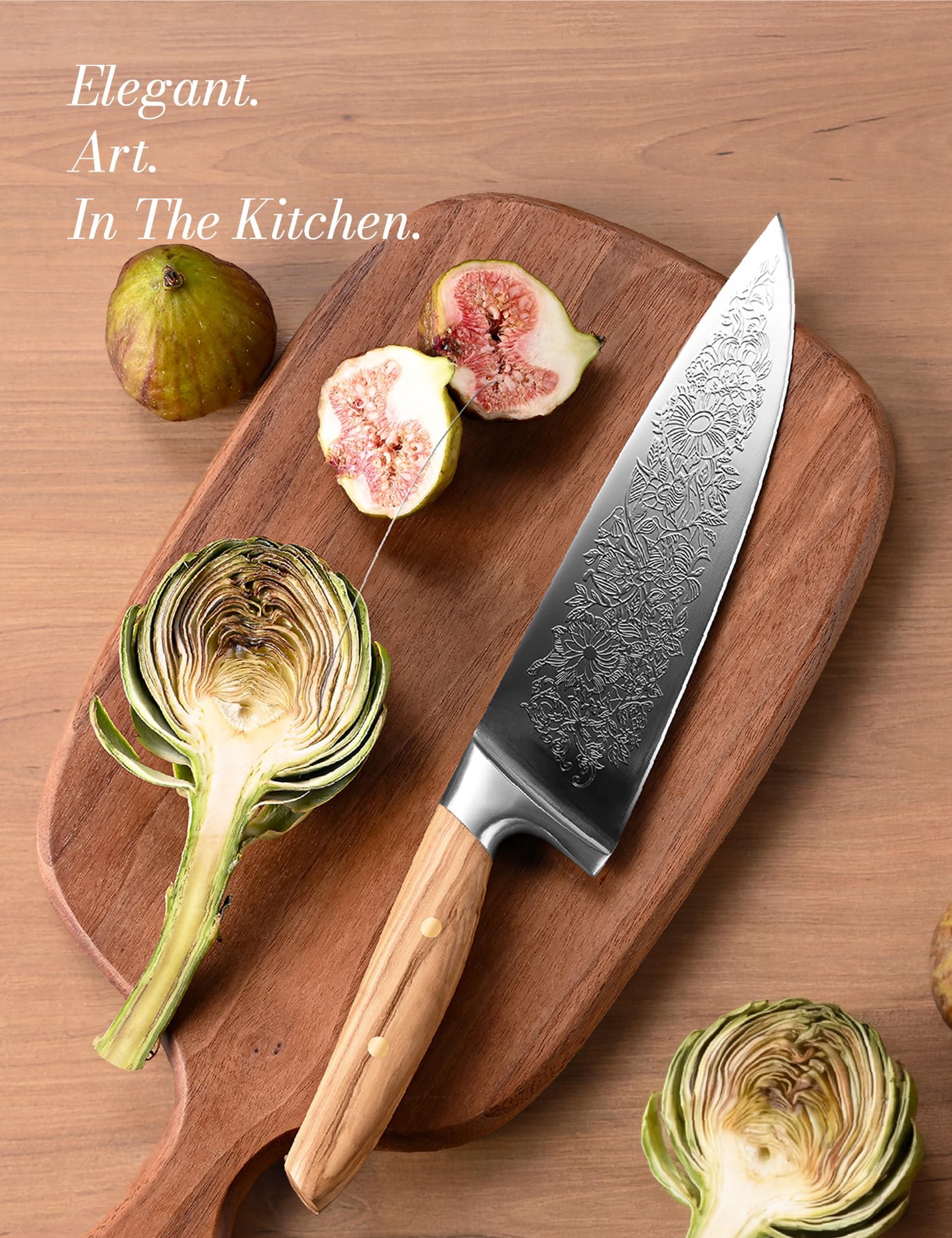 Chef Kitchen Knife 8", Embossed Botanical Blade, Olive Wood Handle — Amazon image 2