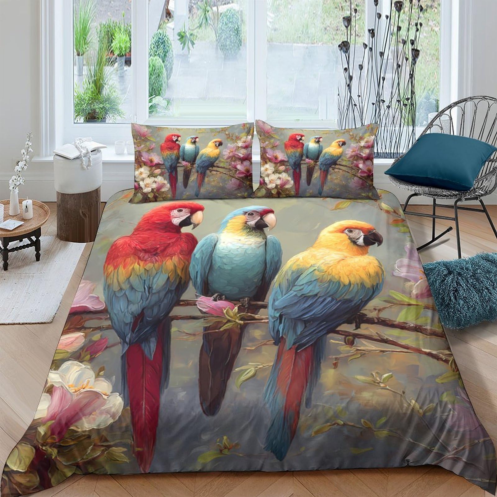 Ctjqhvkz Style-2 3D Printed Colorful Parrot Fitted Sheet Microfiber Soft Breathable Tropical Bird Mattress Cover Bedroom Decor Single（135X200cm）