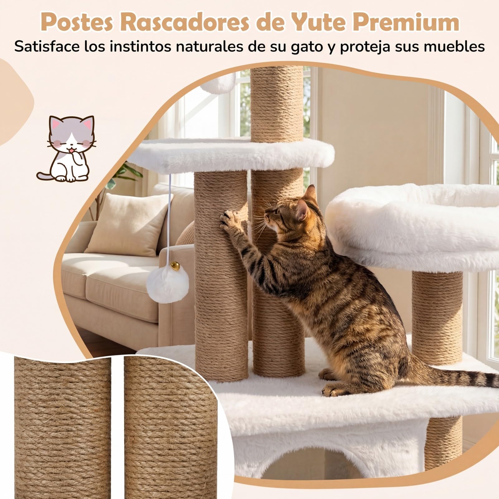 COSTWAY Árbol Rascador para Gatos, Torre para Gatos con Percha Superior Acolchonada en Forma de Flor, Condominio y Cama, 2 Bolas Colgantes con Cascabel y Postes, Mueble Multinivel para Escalar (Beige)