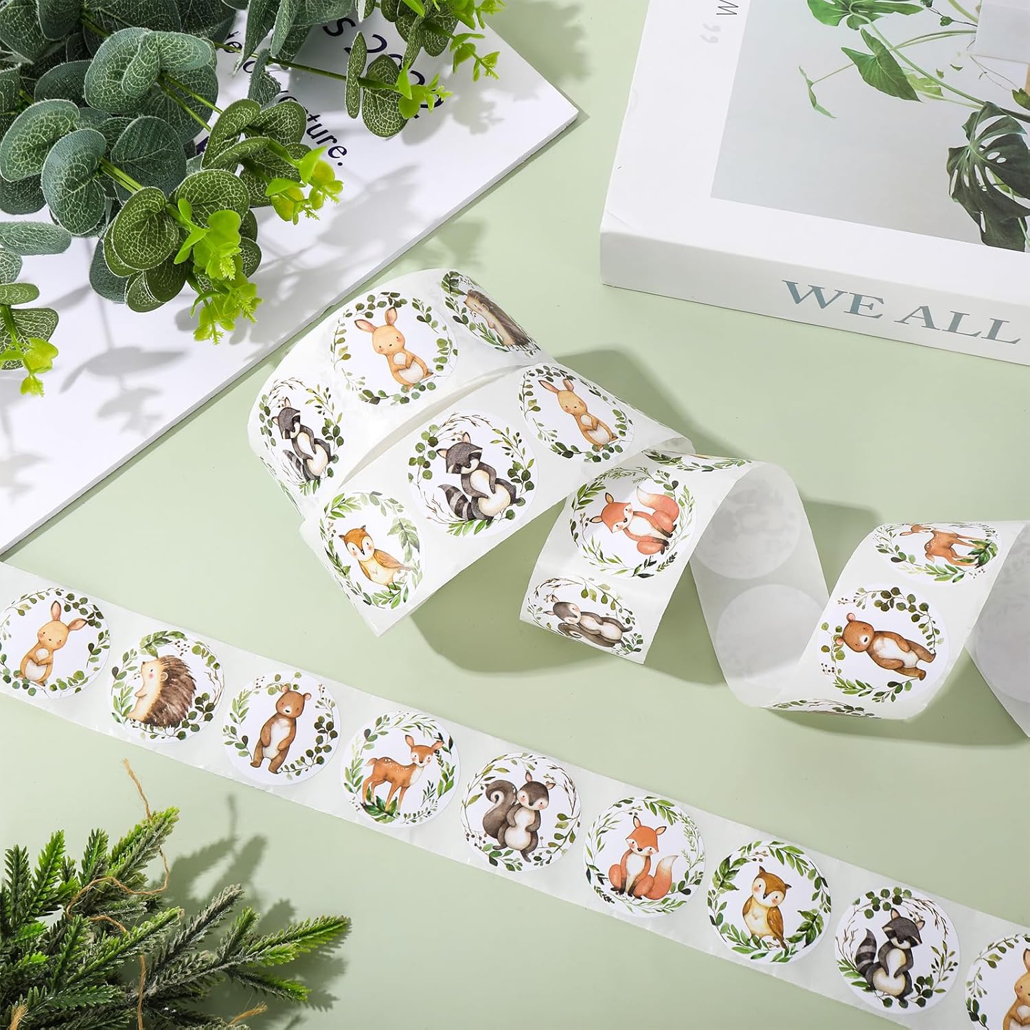 JarThenaAMCS 1000Pcs Baby Shower Stickers Woodland Animal Decal 8 Designs Watercolor Forest Cartoon Animal Adhesive Sealing Labels for Birthday Baby Shower Party Favor Supplies - Image 4
