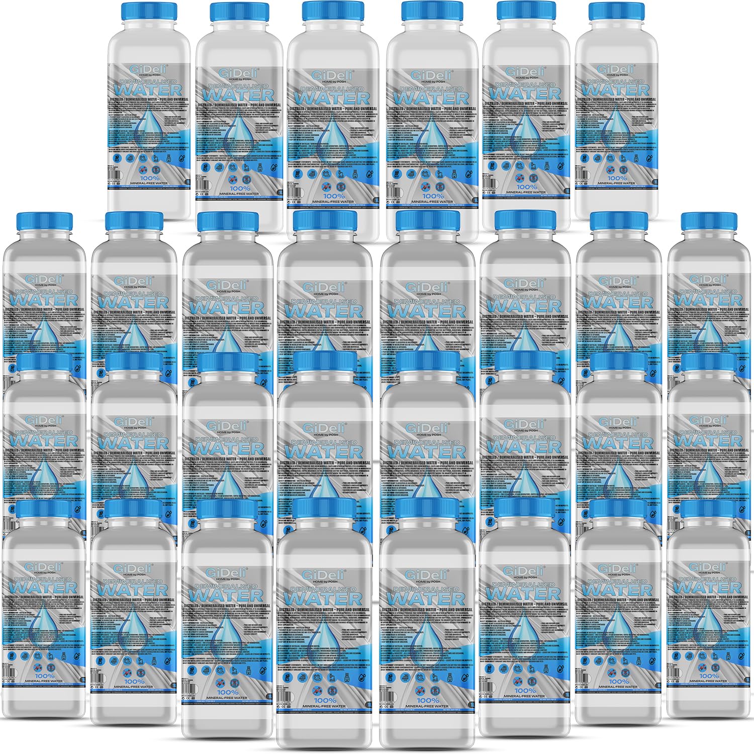 GiDeli Demineralisiertes Wasser 30 x 1L Destilliertes Wasser für Bügeleisen, Batterien, Kühler, Luftbefeuchter, Aquarium & Labor Wasser ohne Kalk, geruchlos, klar