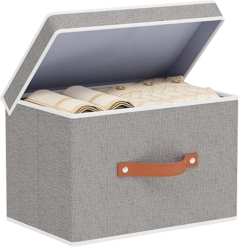 Miniatura 17 de Cesta de almacenamiento de tela con tapas, contenedores de almacenamiento plegables de lino, cajas organizadoras de armario con asas dobles, gris,
