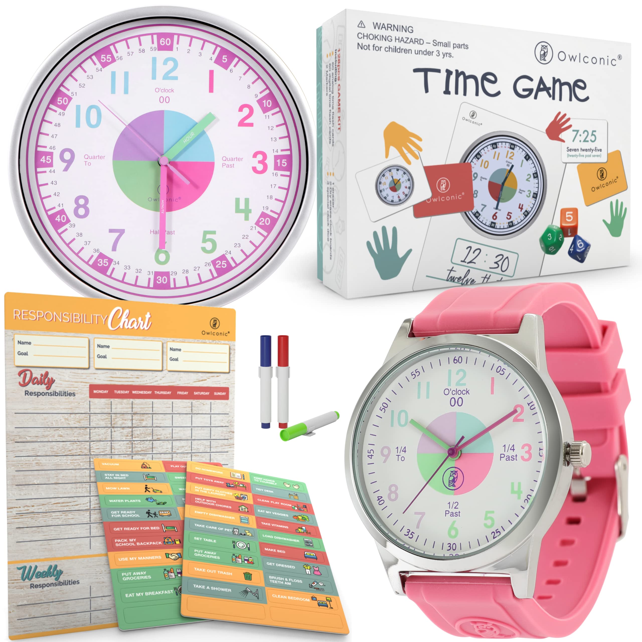OWLCONICLearning to Tell Time Bundle, Analog Wall Clock, Time Game, Mangetic Responsibility Chore Chart, Kids Wristwatch - Pink