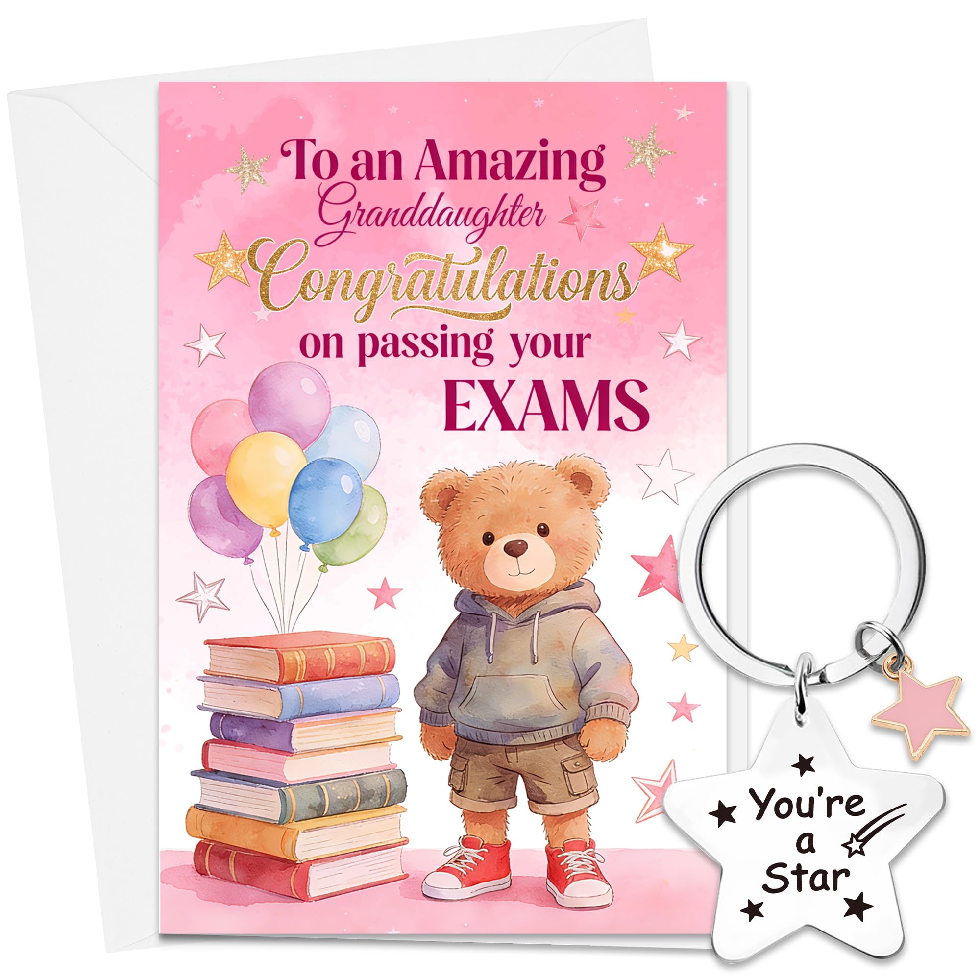 Granddaughter Exam Congratulations Card with Keyring - Well Done Proud of You Passed Exams Gift, Pink Greeting Card with Envelope and Star Keyring