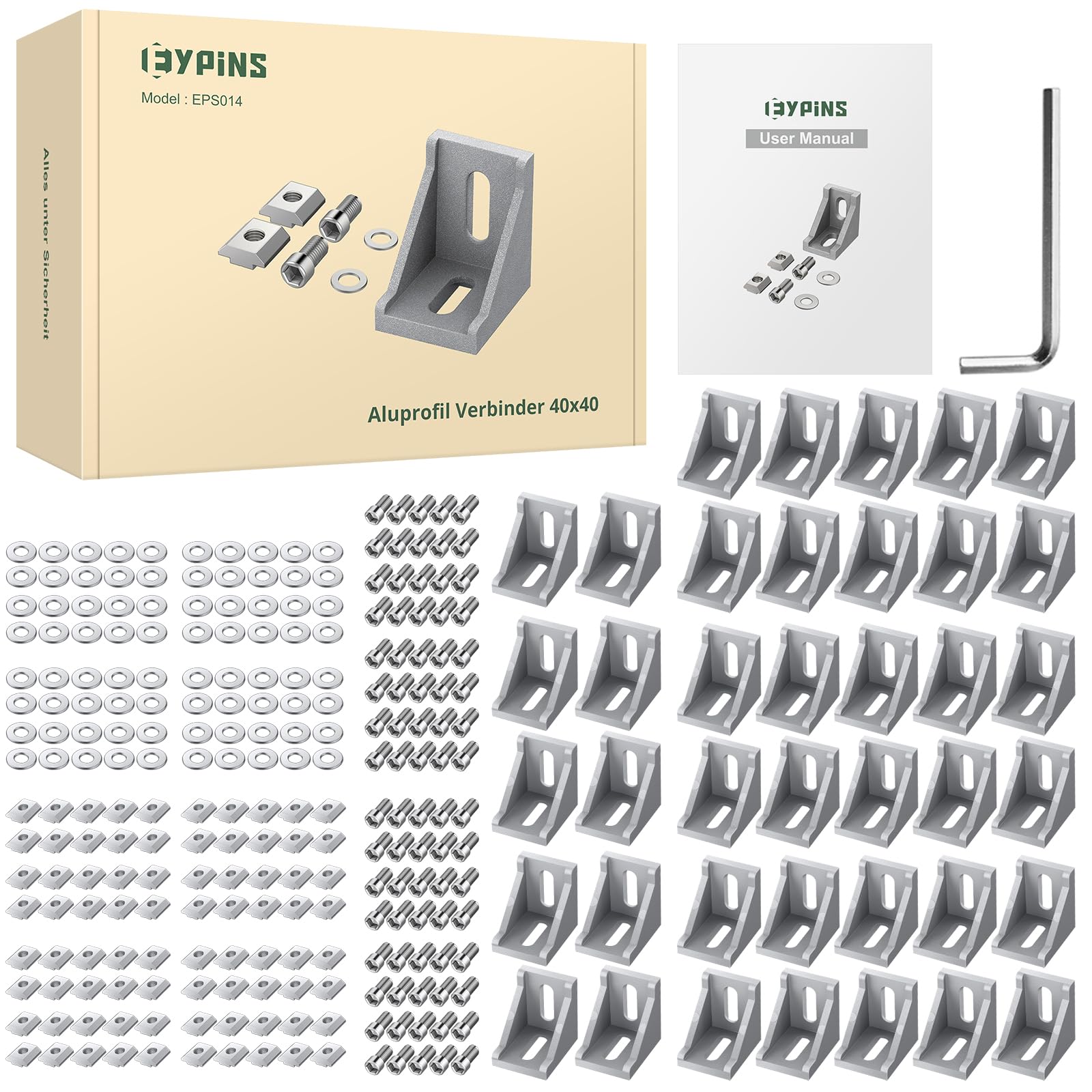 EYPINS 40 szt. 4040 aluminiowy wspornik narożny kątowy, 90 stopni, profil wytłaczany, wsporniki kątowe L ze śrubami sześciokątnymi M8 i nakrętkami T M8, do profili z gniazdami 8 mm
