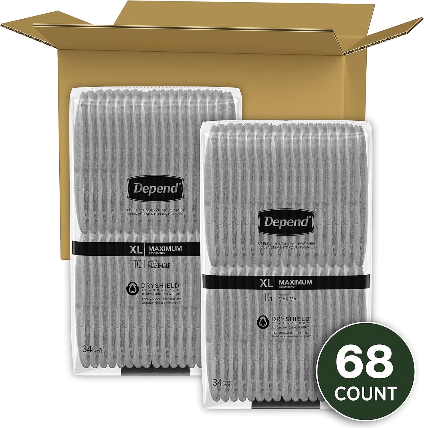 Depend FIT-Flex Incontinence Underwear for Men, Maximum Absorbency, Grey, Extra-Large, 68 Count : Health & Household