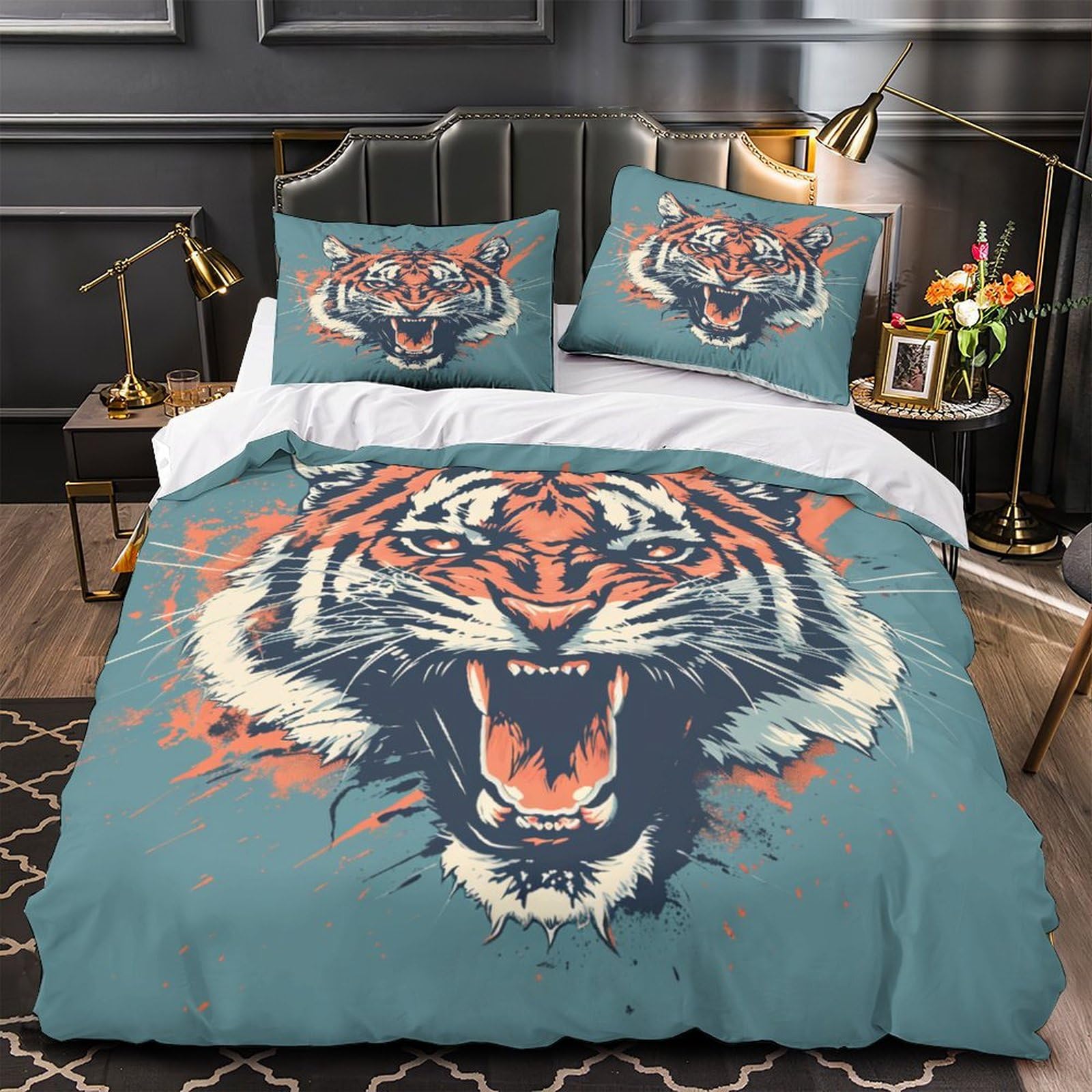 Stampato in 3D tigre Copertina Stampata Microfibra Disegnata Biancheria Da Letto Stile Morbido Set 3 Pezzi,Double（200x200cm）, Per Adolescenti E Adulti