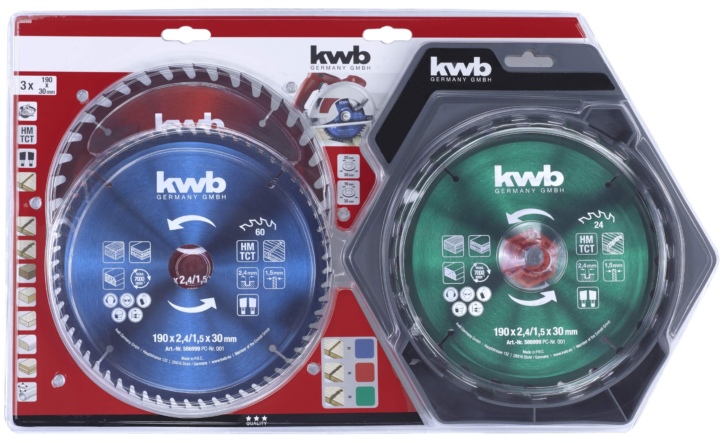 KWB 49586999 - Juego de hojas de sierra circular (190 x 30 / 20 / 16 mm para sierras circulares de mano con anillos de reducción a 16 y 20 mm)