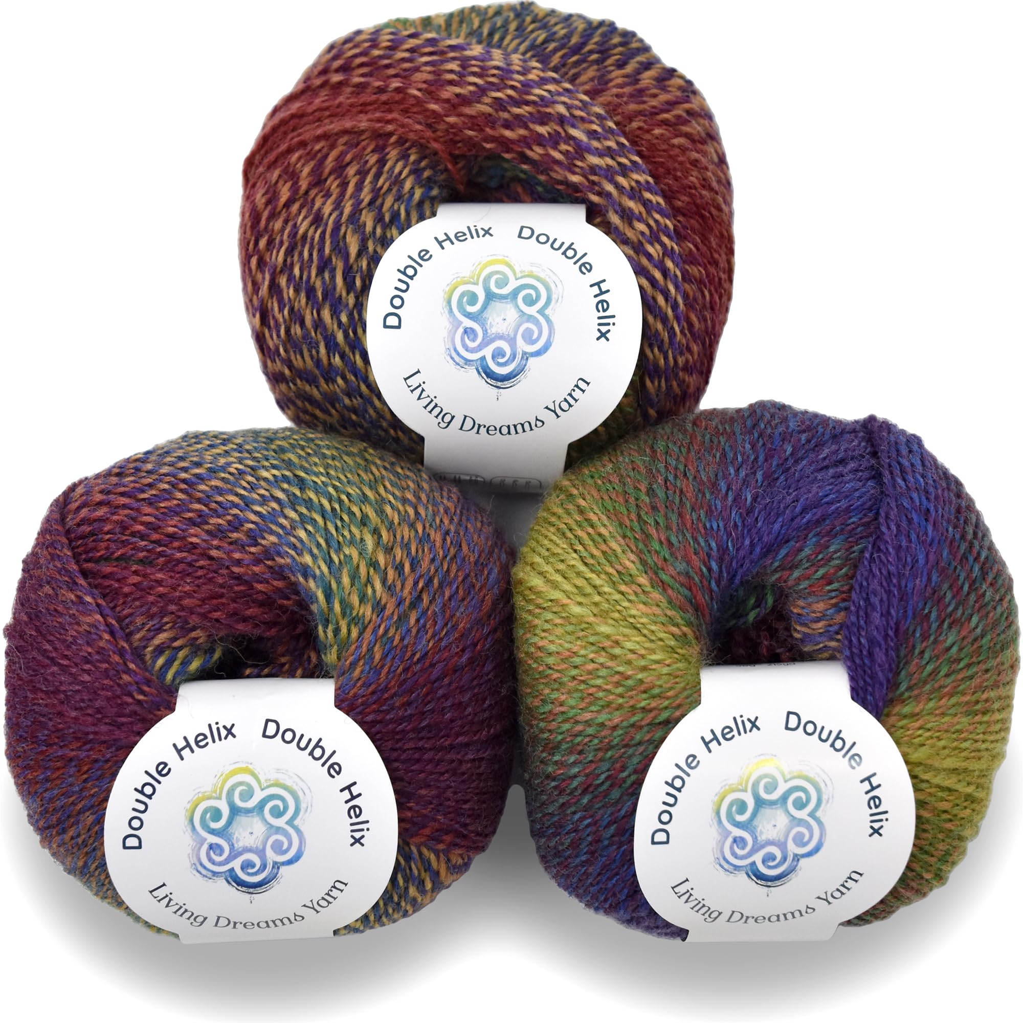 Double Helix by Living Dreams Yarn. Soft, Colorful 2-ply Wool Yarn for Crochet, Knitting, Weaving. Self-Striping Sport Weight Yarn, 3 Pack, 150g, Color Super Duper