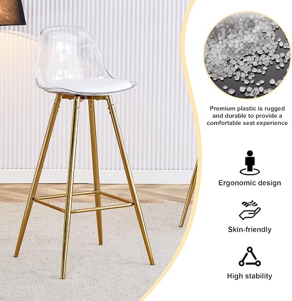Bar Stools Set of 2,Counter Height Barstools with Back,Modern Acrylic White Clear Back and PU Leather Kitchen Chairs with Gold Metal Legs,Dining Chair Ideal for Kitchen Counter Dining Island Bar Pub