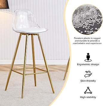 Bar Stools Set of 2,Counter Height Barstools with Back,Modern Acrylic White Clear Back and PU Leather Kitchen Chairs with Gold Metal Legs,Dining Chair Ideal for Kitchen Counter Dining Island Bar Pub