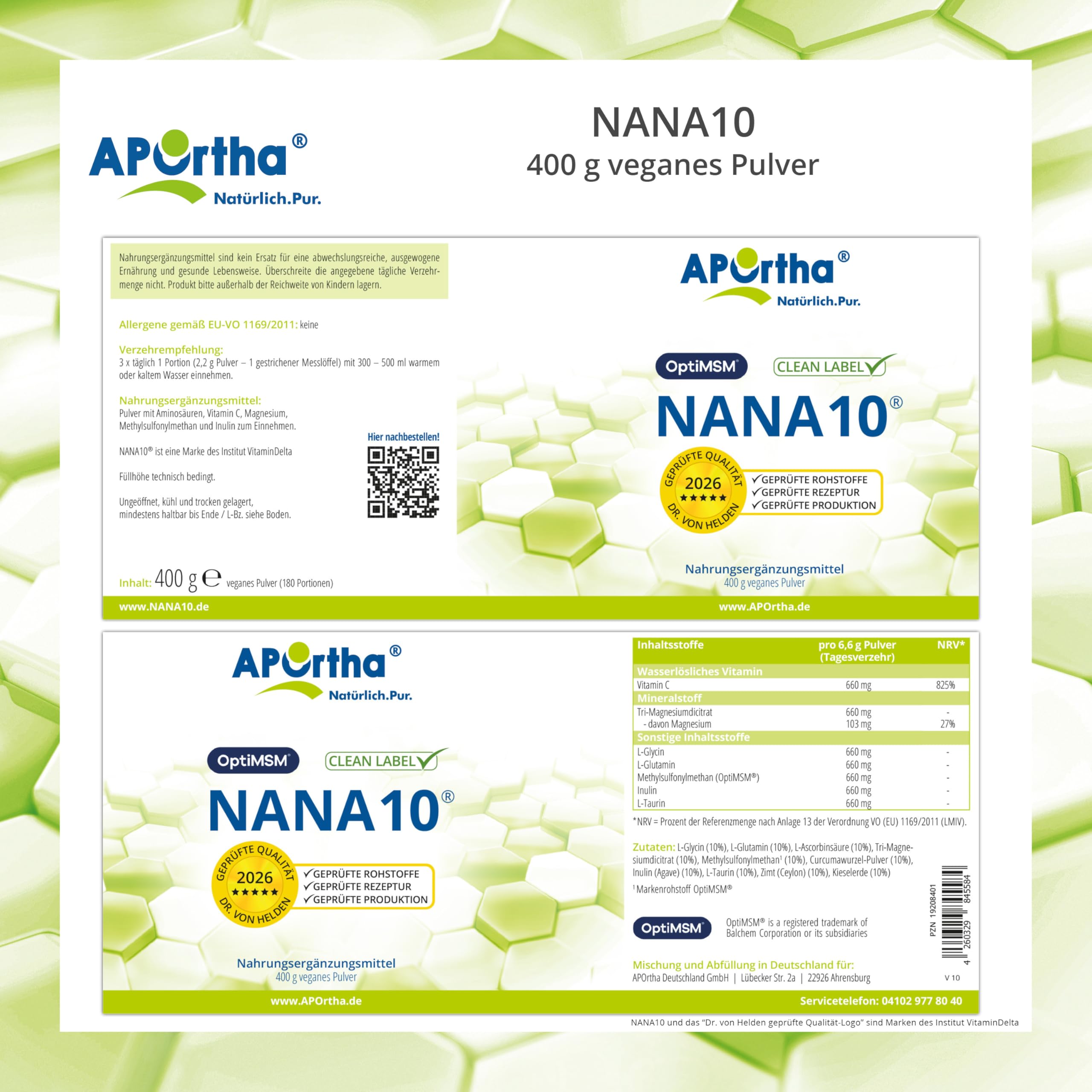 APOrtha® NaNa10 400 g veganes Pulver, Rezeptur von Dr. von Helden mit 10 Komponenten, mit Vitamin C und Magnesium sowie L-Glycin, 400g Pulver für 2 Monate, glutenfrei, allergenfrei, laktosefrei