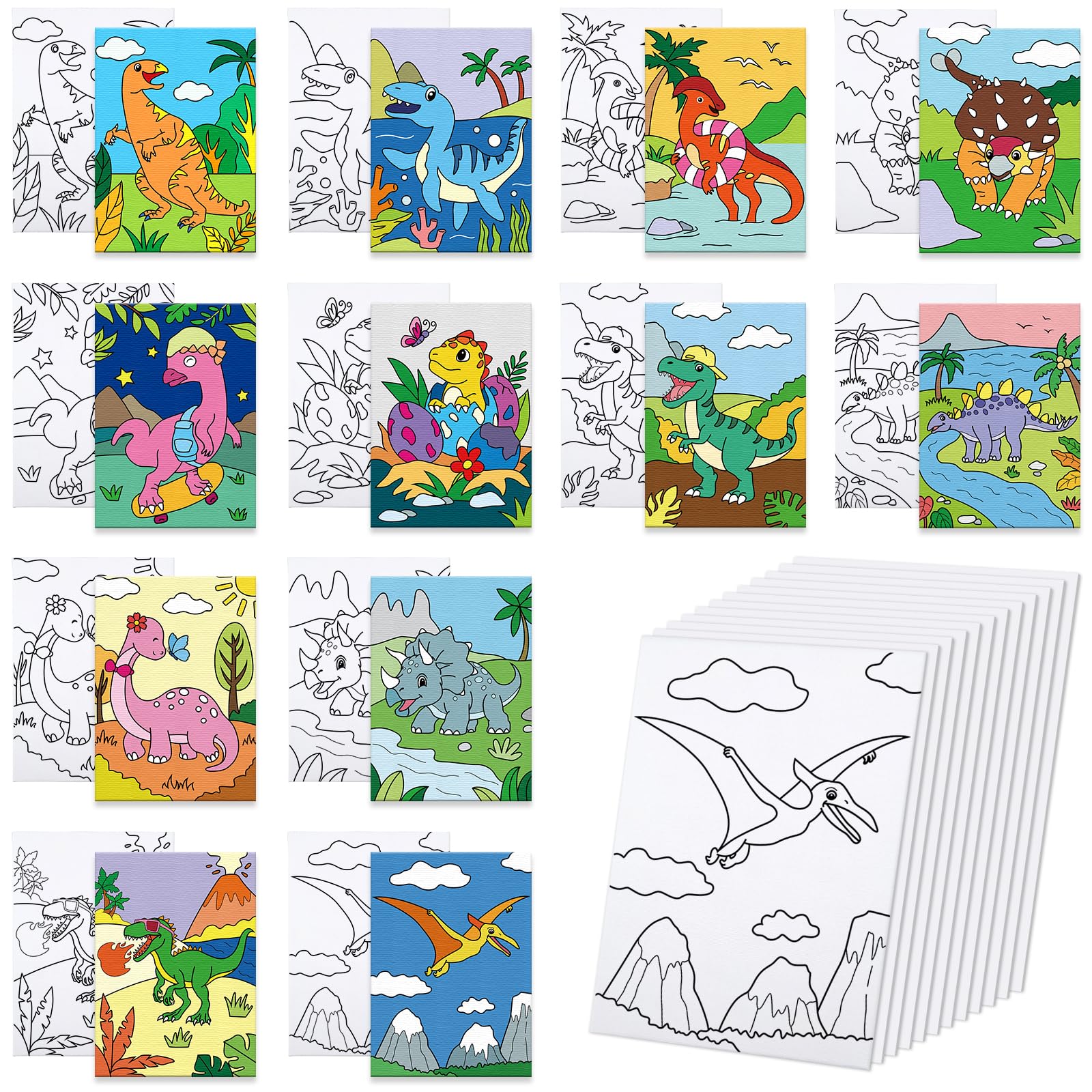 Anseal 12 Packs Animals Pre Drawn Canvas to Paint, 5" X 7" Dinasour Pre Printed Canvas, Pre Stretched Canvas Outline Painting Boards for Beginners,