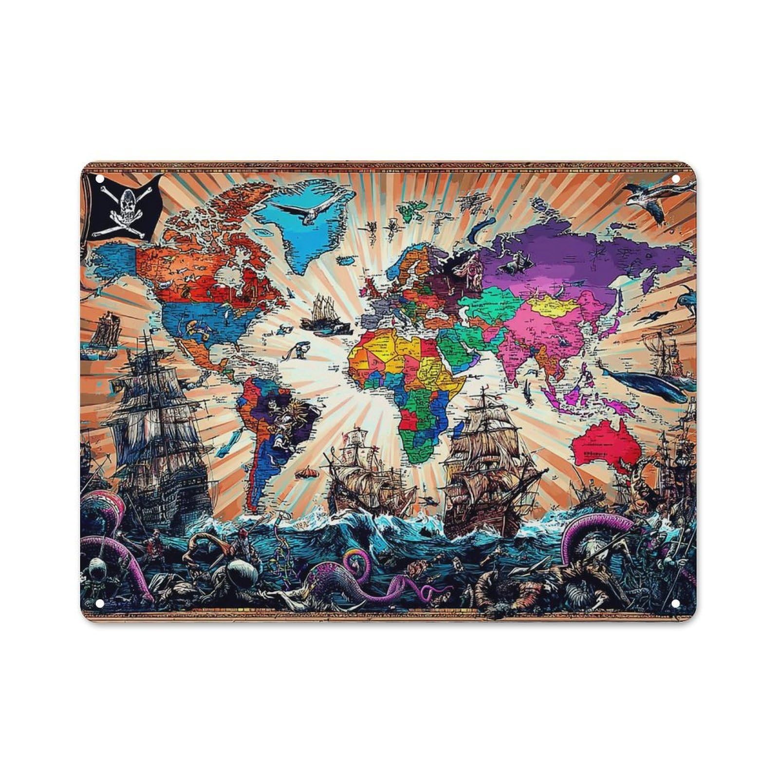 Junmoney Pirate Maps A World Of Adventure Tin Sign 30X40cm, Modern Vintage Creative Space Decor For Hobby Room, Office, Lounge Or Living Room