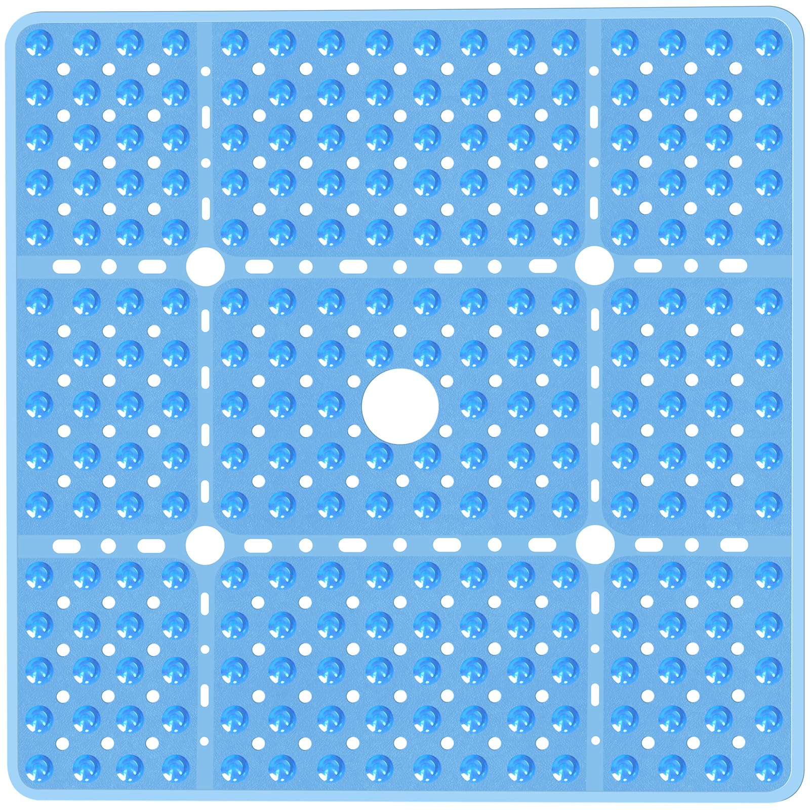 Naoloture Large Square Shower Mat 27 x 27 Inch Clear Blue, Non Slip Shower Bathtub Mats for Inside Shower with Big Suction Cups Drain Holes, Anti Slip