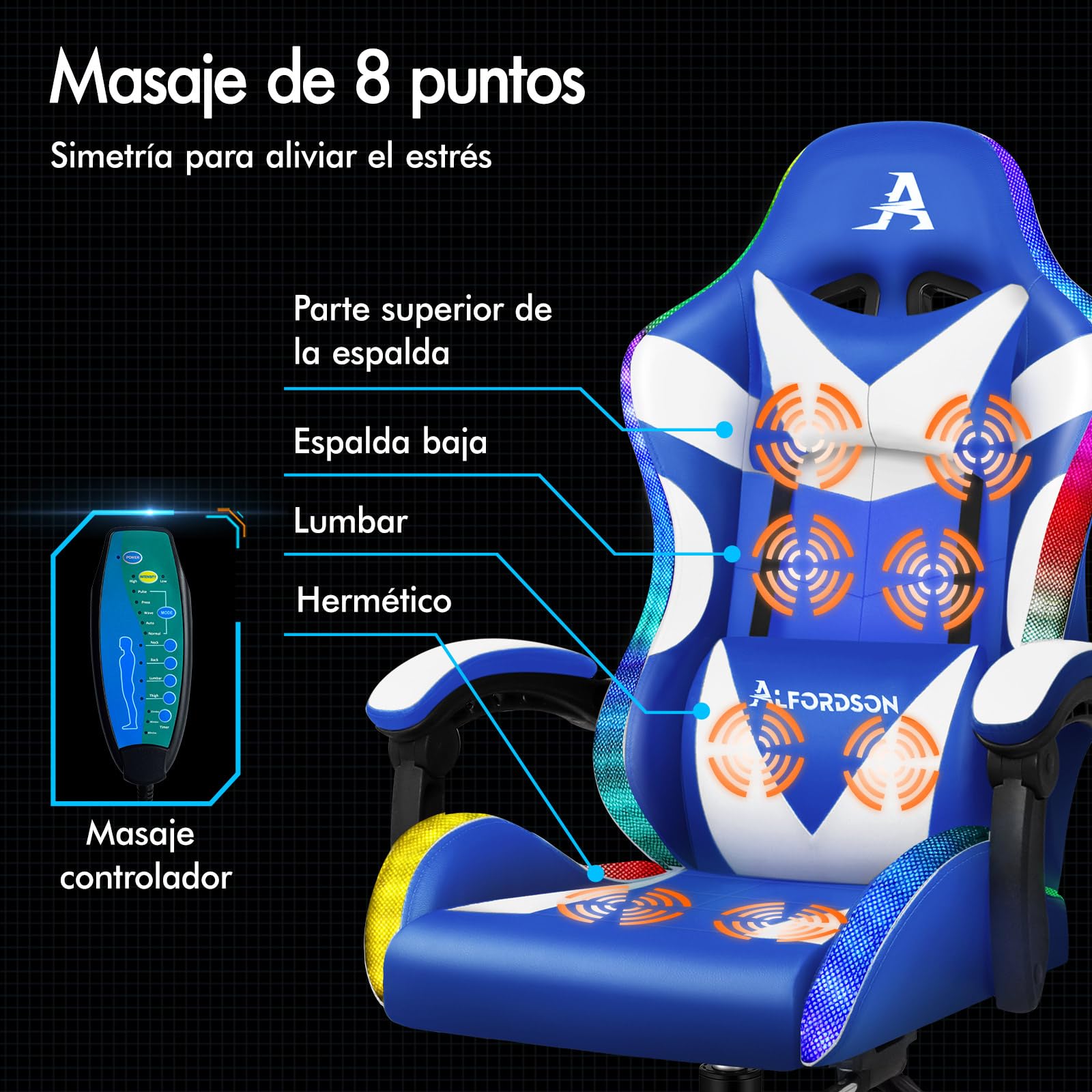 ALFORDSON Silla Gaming con masajeador y LED, Silla ejecutiva ergonómica de Oficina con reposapiés, Sillas Gamer para Oficina y Juegos con Iluminación RGB, Polipiel, Azul y Blanco