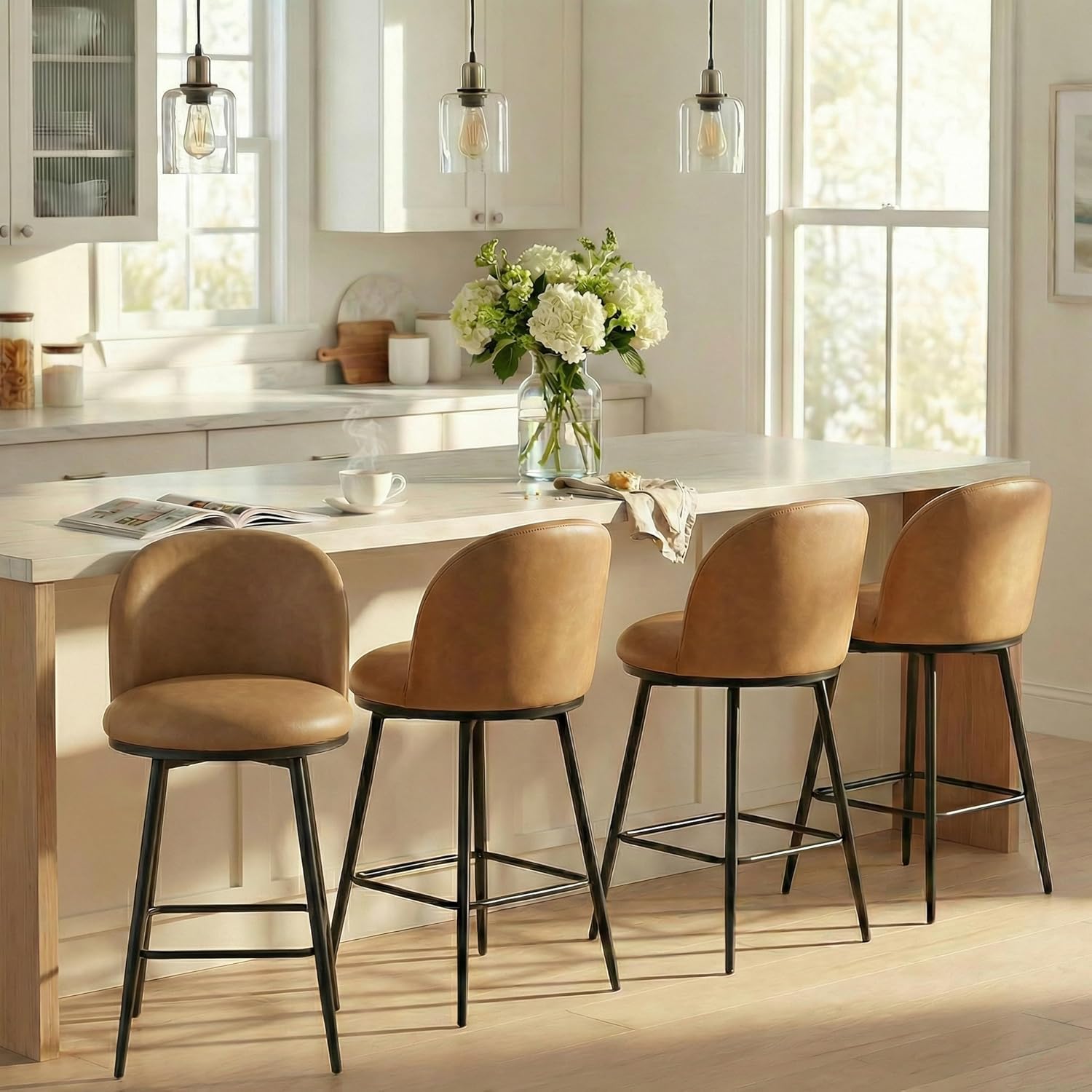 KISLOT Counter Height Swivel Bar Stools Set of 4, 26" Upholstered Faux Leather Barstools with Backs and Metal Legs for Kitchen Island,Brown