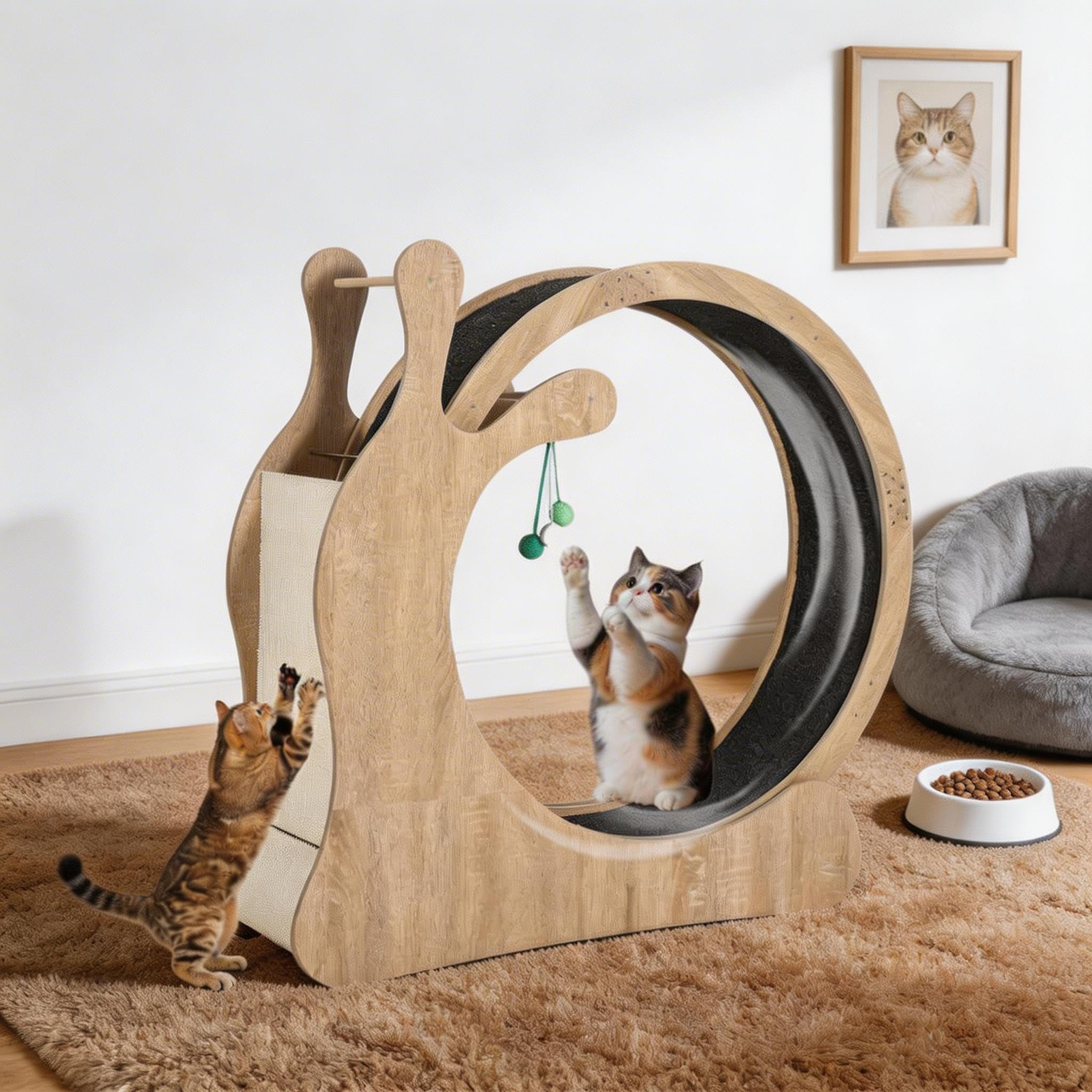 Cat Exercise Wheel, 95cm Inner Diameter Large Cat Treadmill with Removable Carpet, Scratching Board & Play Balls, Kitten Running Wheel for Indoor Cats Walking Training for Cats' Weight Loss & Health-B