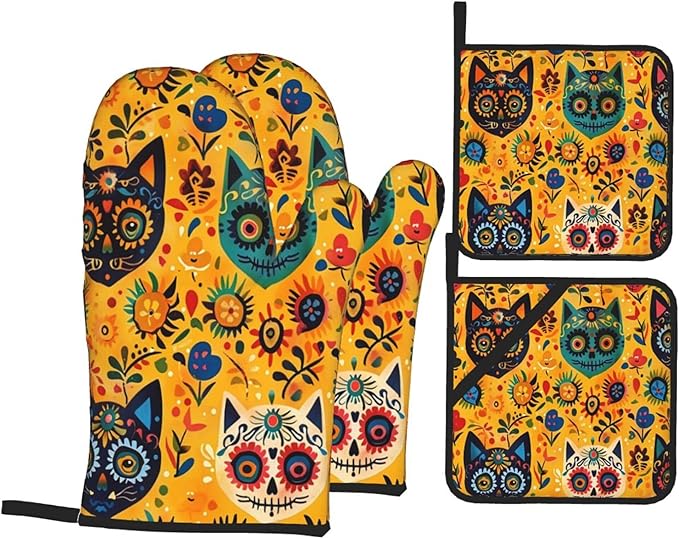 Skull Flower Cat Oven Mitts and Pot Holders Sets, Sugar Skeleton Kitten Kitchen Gloves Oven & Potholders, Heat Resistant Hot Pads and Oven Mittens for Cooking BBQ Baking