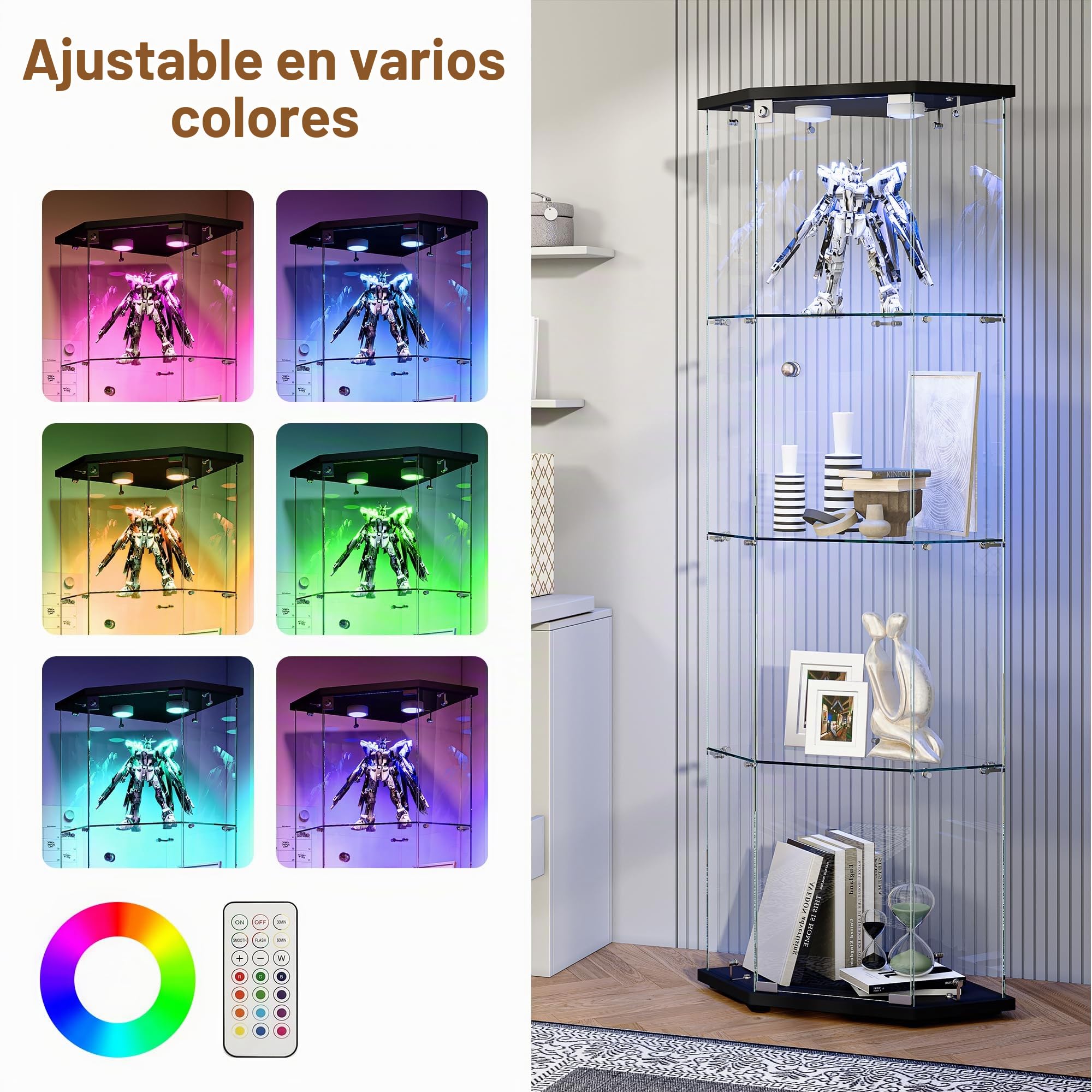 Vitrina De Cristal LED Para Colección Con 1 Puerta, Armario Esquina De 4 Capas Con Cerradura, Mueble Transparente Para Salón, Bar, Dormitorio, Oficina - Negro
