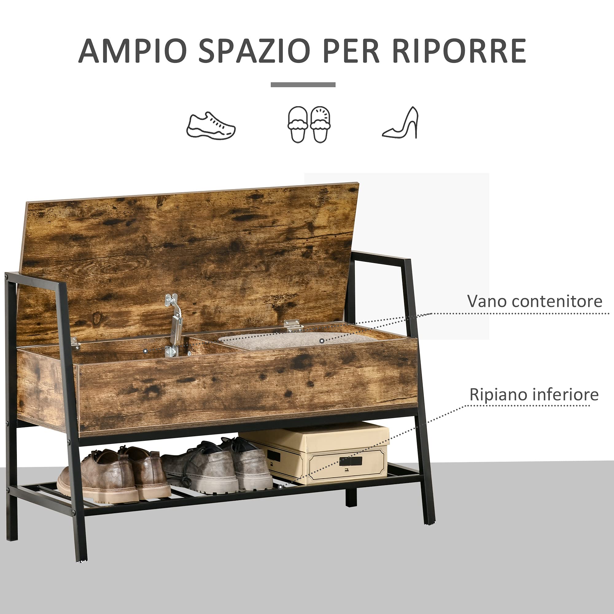 HOMCOM Mobile Scarpiera in Stile Industriale con Vano, Panca Scarpiera Vintage Salvaspazio in Legno e Metallo, Marrone Rustico, 90x37x60cm
